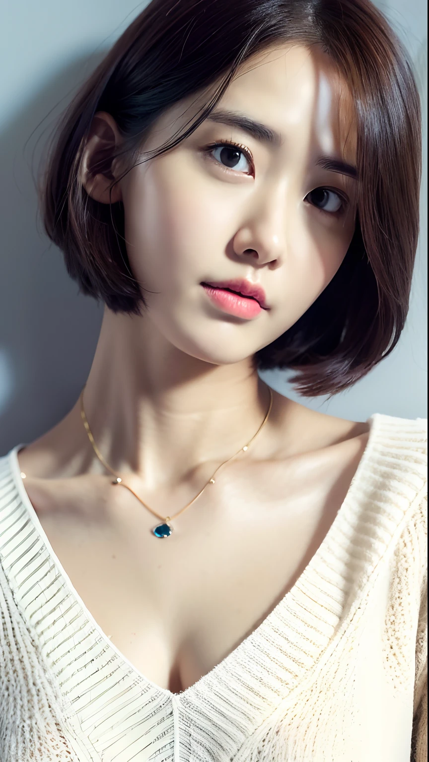 (Best quality, 8k, 32k, Masterpiece, UHD:1.2),Photo of Pretty Japanese woman, large breasts, very short bob hair,upper body,face focus,oversized_sweater, necklace, simple background, from above, looking at viewer,