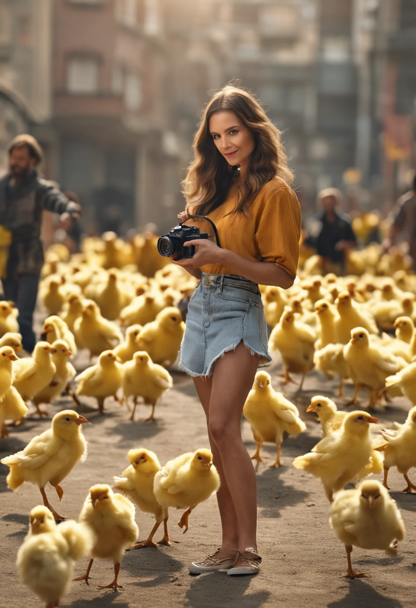Handsome woman holding camera to take pictures with flying yellow chicks and handsome drones behind her
