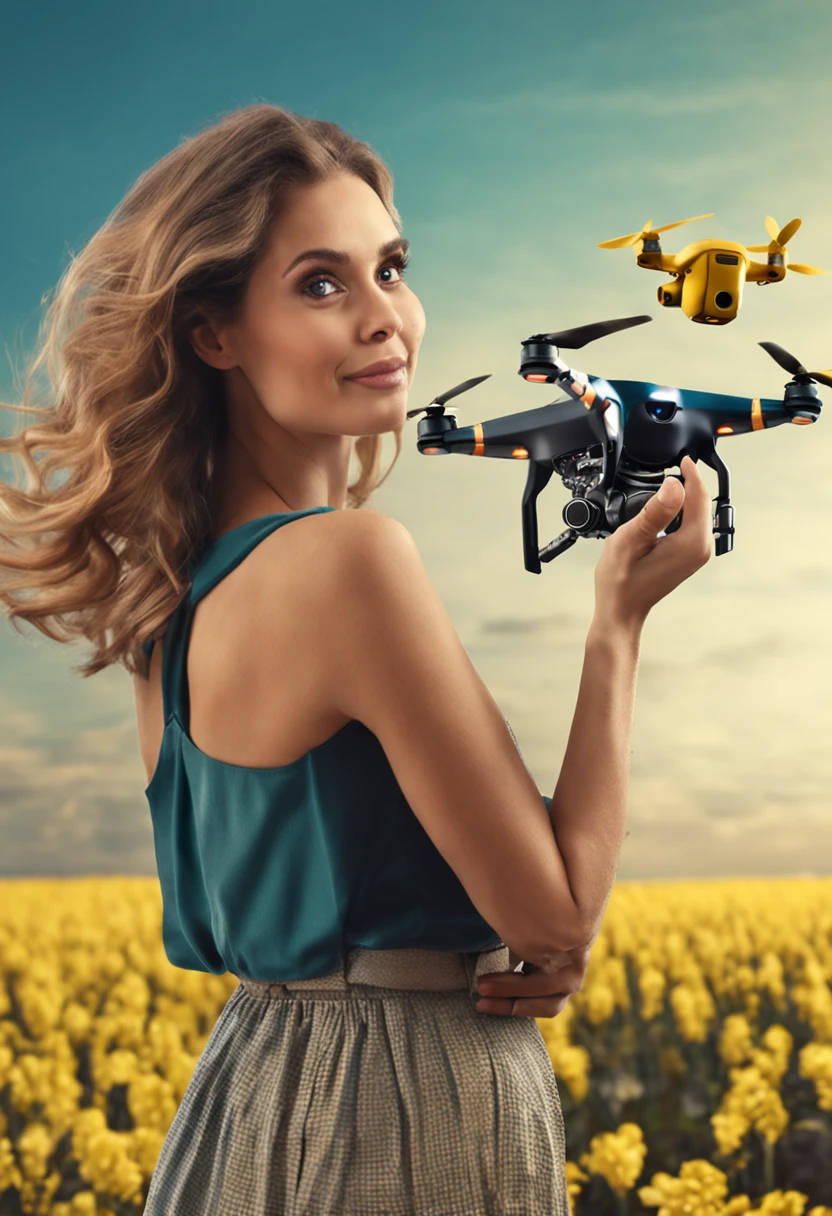 Handsome woman holding camera to take pictures with flying yellow chicks and handsome drones behind her