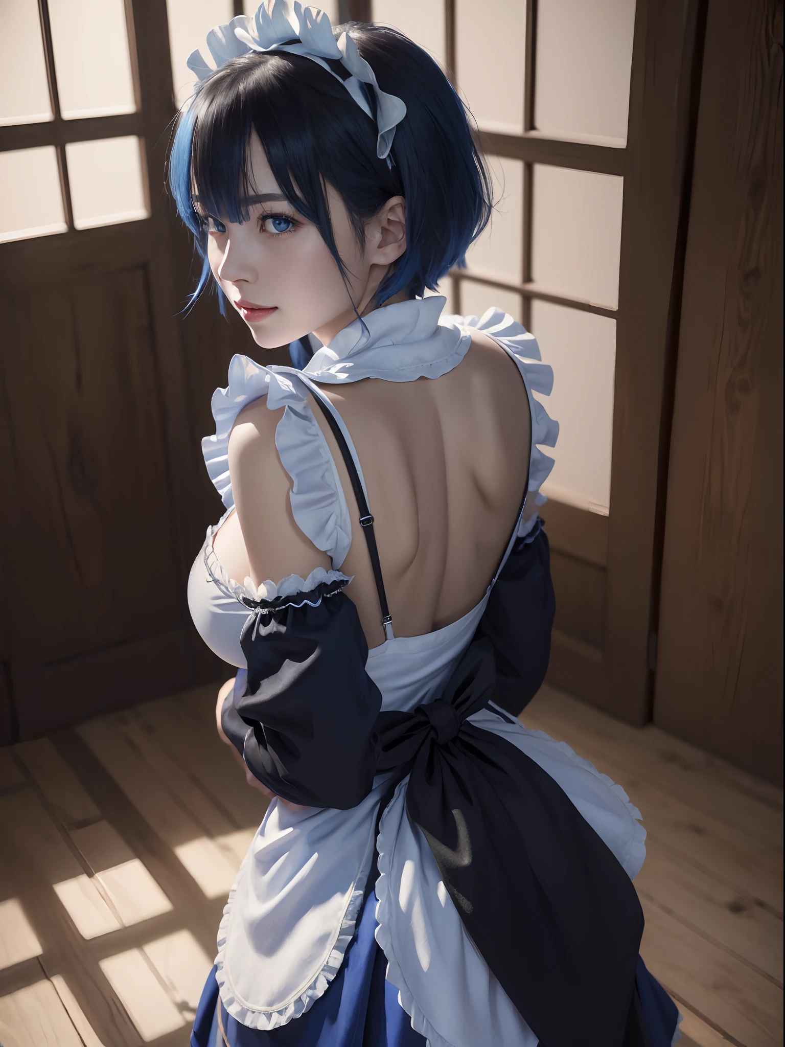 (masterpiece, best quality:1.4), (full body:1.5), (from behind:1.5), on a beautifull and rich mansion, 1girl, solo, rem_re_zero, blue hair, (blue hair:0.5), short hair, maid uniform, (black maid uniform:1.5), hair ornament, cleavage, maid headdress, detached sleeves, ribbon, medium breasts, beautifull smile, beautiful face, highly detailed face, highly detailed eyes, highly detailed skin, skin pores, subsurface scattering, realistic pupils, full face blush, full lips, depth of field, volumetric lighting, sharp focus, absurdres, realistic proportions, good anatomy, (realistic, hyperrealistic:1.4), 16k hdr