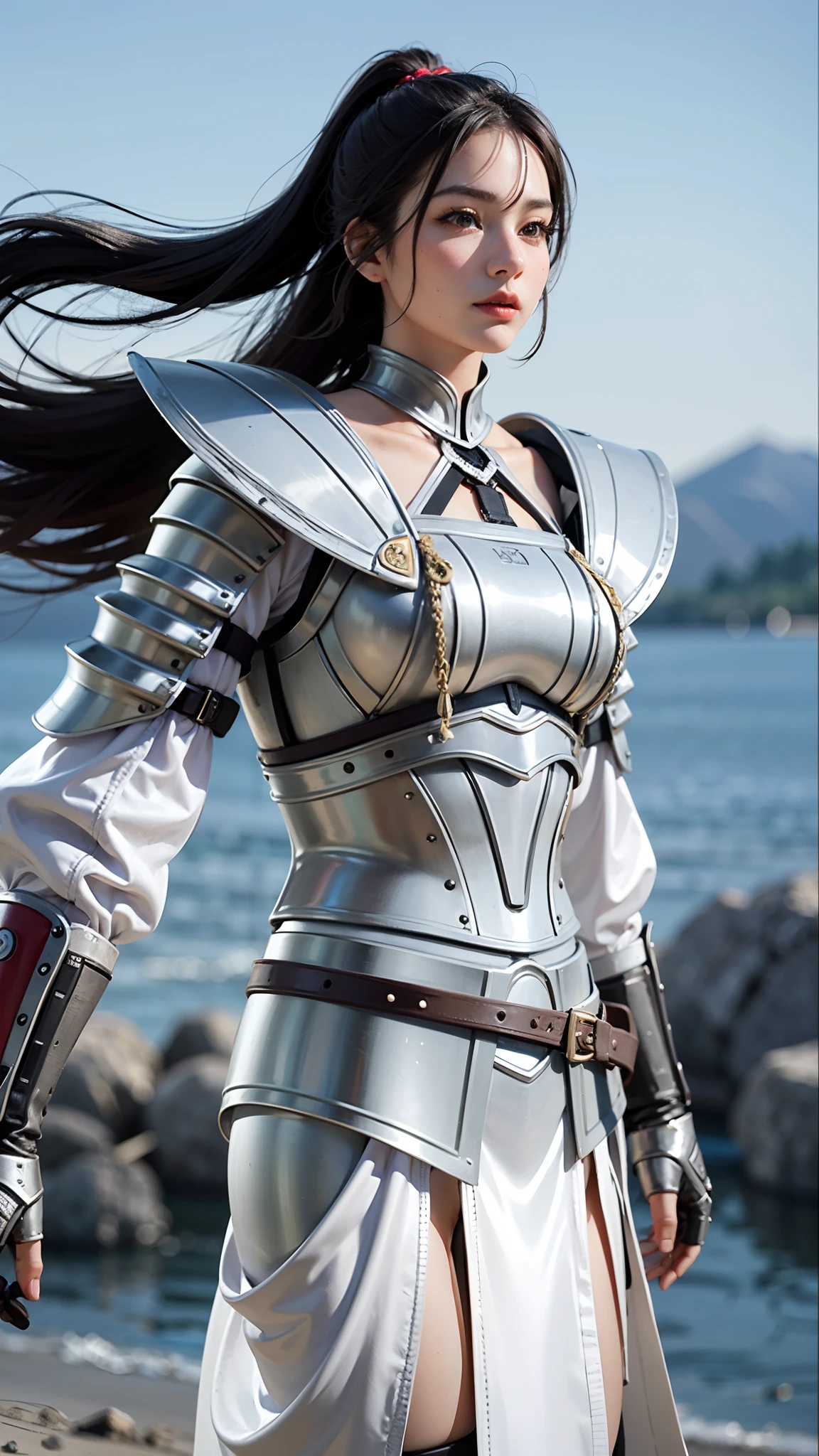 Um guerreira ruiva, de costas, usando uma armadura de placas, Steel gauntlets, steel gloves and steel breastplate, looking back, usando uma saia curta, saia vermelha, sem calcinha, bunda sexy grande recheada, empinada, redonda, aparecendo pussy, pussy aparecendo de baixo, (saia para cima), fantasia medieval, d&d, RPG, obra-prima, melhor qualidade, 8K