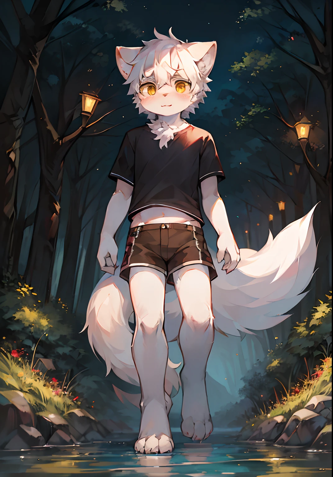 (Bright Environment: 0.8), Masterpiece, High Quality, Abstract Res, Digital Painting\(artwork\), by Dagasi, Cuihongshi, Yupa, Kiyosan, (Anthro, Fluffy Fur, Character Focus: 1.1), Anthro Male Cat, Short hair,portrait, bright eyes, panorama, character focus. (Detailed background: 0.7), Furry, Furry male, Male focus, Anthr, (full body fur, fluffy tail, white fur, yellow eyes, white hair: 1.2), (long canine, handsome, shorts, short sleeves, white goggles: 1.2), (outdoor, midday, forest, riverside: 1.1)