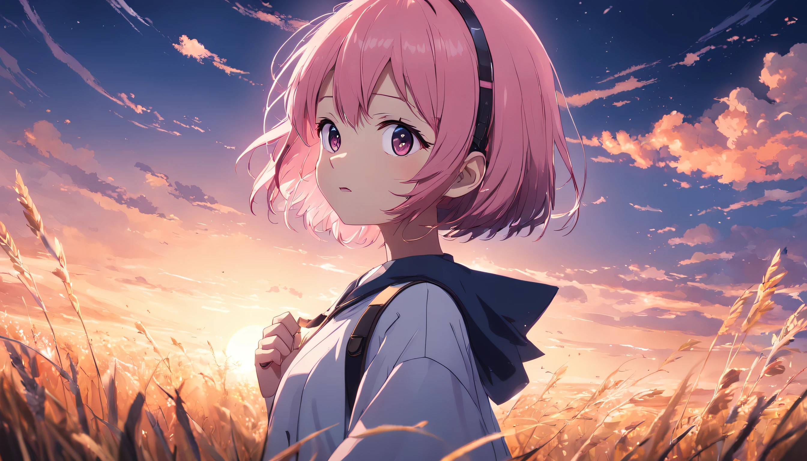 ​masterpiece、top-quality、Movie stills、1girl、animesque、pink there　Shorthair、singers、illustratio、Neat and clean clothes、microphone、headphones、kawaii、large grassland、the setting sun（Spark：0.7）