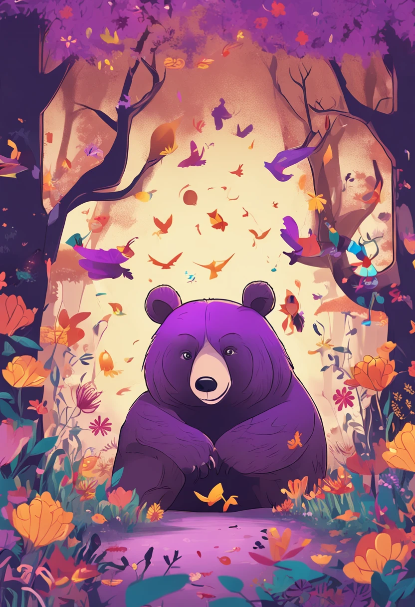 Create a brown bear, With a bear with a stupid face、Mage in a purple number hat in context "Create an image depicting a sunny glade in a park, Where a girl named Luna holds a golden scroll. Around her, Drawing tall trees and colorful flowers、Create a vibrant environment. In the center of the clearing, Explain the wizard Mate Mágiko with a pointed hat and a cloak decorated with bright figures. Next to him, Put Bear Bo Baryeong, Humming excitedly."