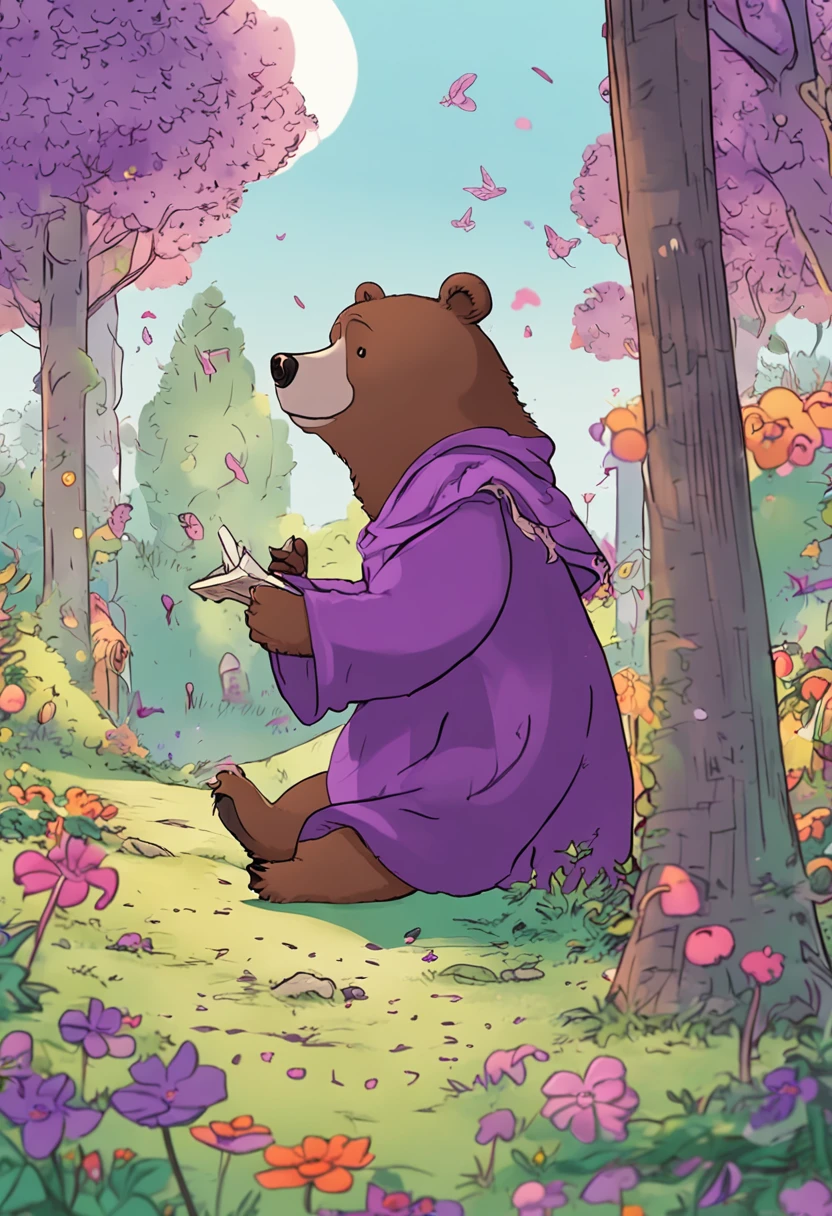 Create a brown bear, With a bear with a stupid face、Mage in a purple number hat in context "Create an image depicting a sunny glade in a park, Where a girl named Luna holds a golden scroll. Around her, Drawing tall trees and colorful flowers、Create a vibrant environment. In the center of the clearing, Explain the wizard Mate Mágiko with a pointed hat and a cloak decorated with bright figures. Next to him, Put Bear Bo Baryeong, Humming excitedly."