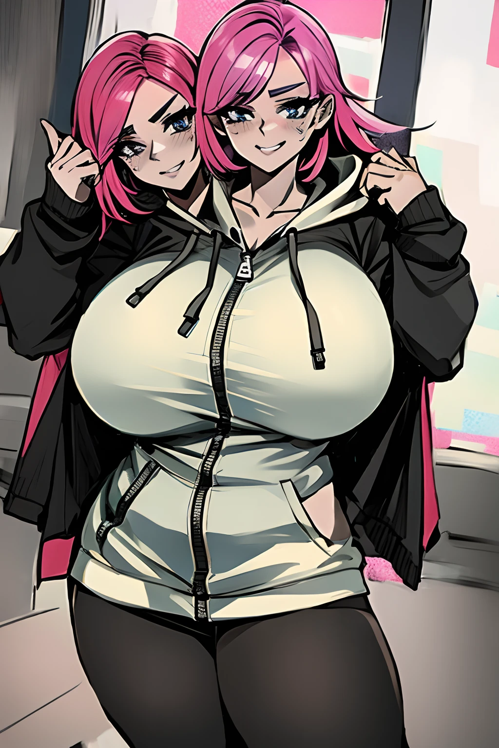 2heads, a short fat woman with 2 heads. She has enormous breasts. She looks aroused and seductive. She is wearing an unzipped colorful hoodie with nothing underneath. She is wearing leggings. She is extremely short and extremely fat. Her breasts are gigantic and fat. Her breasts protrude through her unzipped hoodie. Her hoodie is fully unzipped. Her giant breasts can be seen in her open hoodie. She is in a home office with a window. She is blushing. She has big fat massive breasts. She looks very short and mature. She has very big and full lips. She has giant fat boobs. She is seducing. She is smiling. She looks mature. She is wearing lipstick. She has long hair.