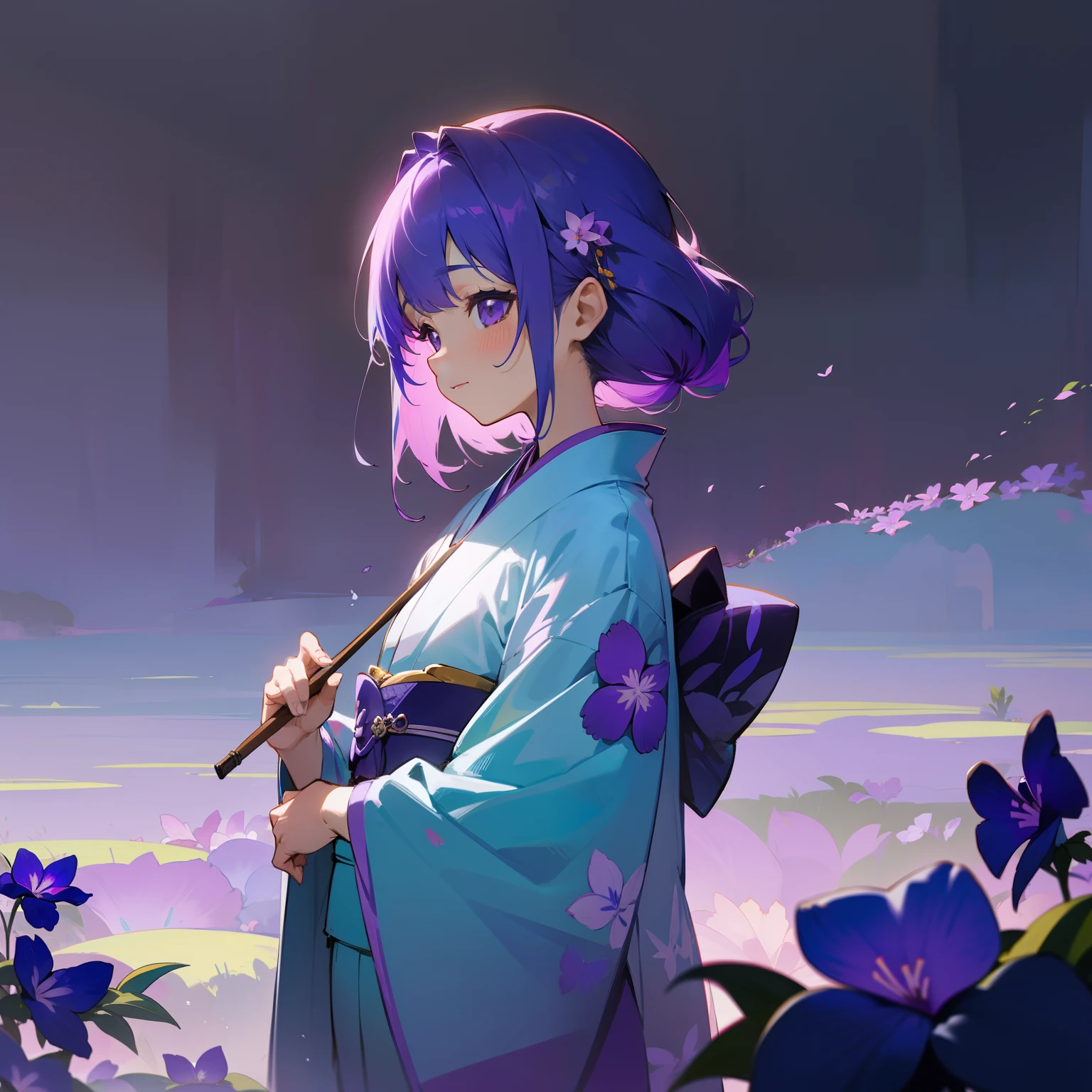 Beautiful Landscapes、1 girl in。Hair colorful purple and blue color、Wearing a colorful kimono。Violets bloom around、Happy world