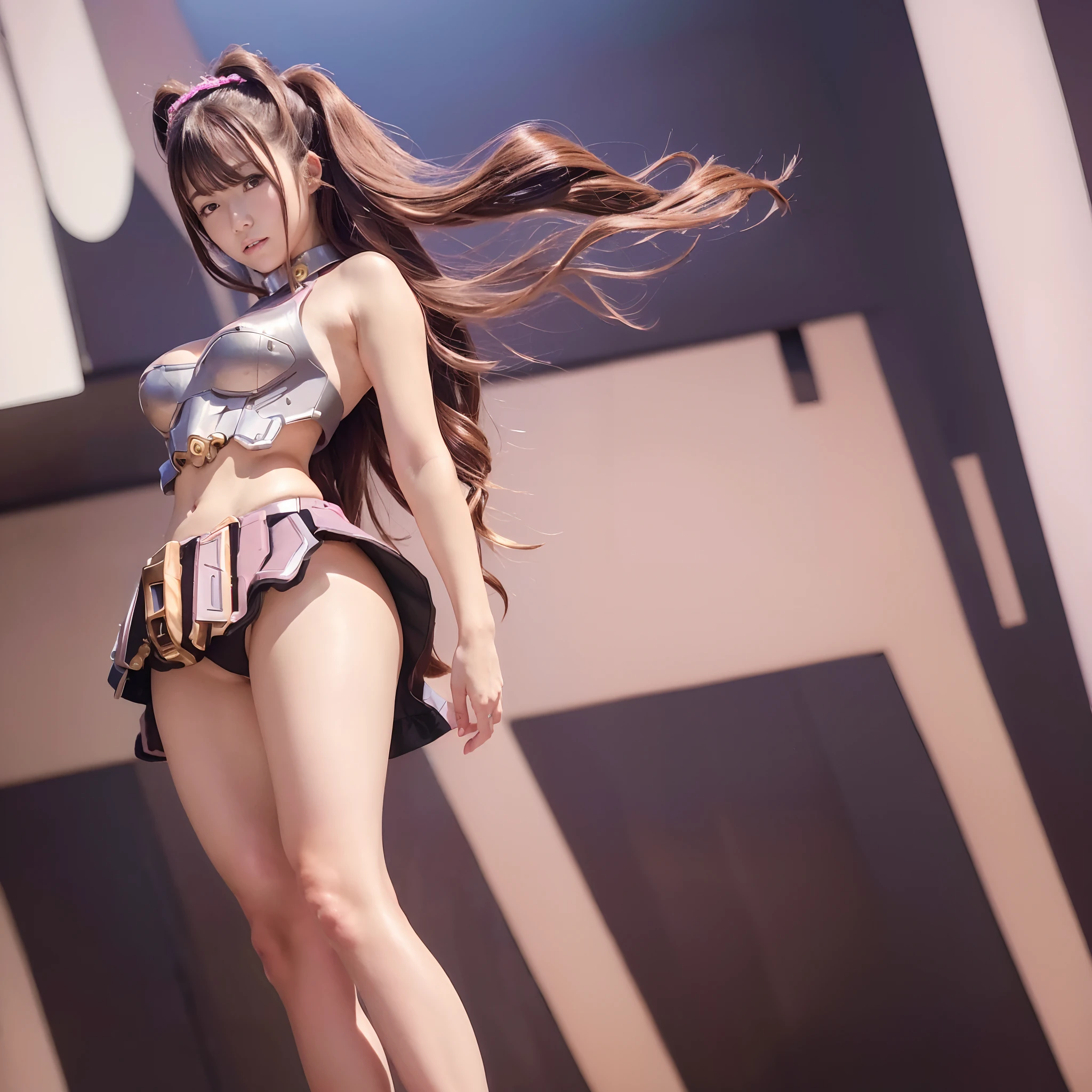 (masterpiece, best quality:1.3), (16k, highres:1.3), 1girl, model, glamor, , medium breasts, dynamic pose, dynamic angle, black eyes, serious, silver hair, swept bangs, ringlets, very beautiful korean female idol, pink mecha armor, gundamgirl style, sazabi,