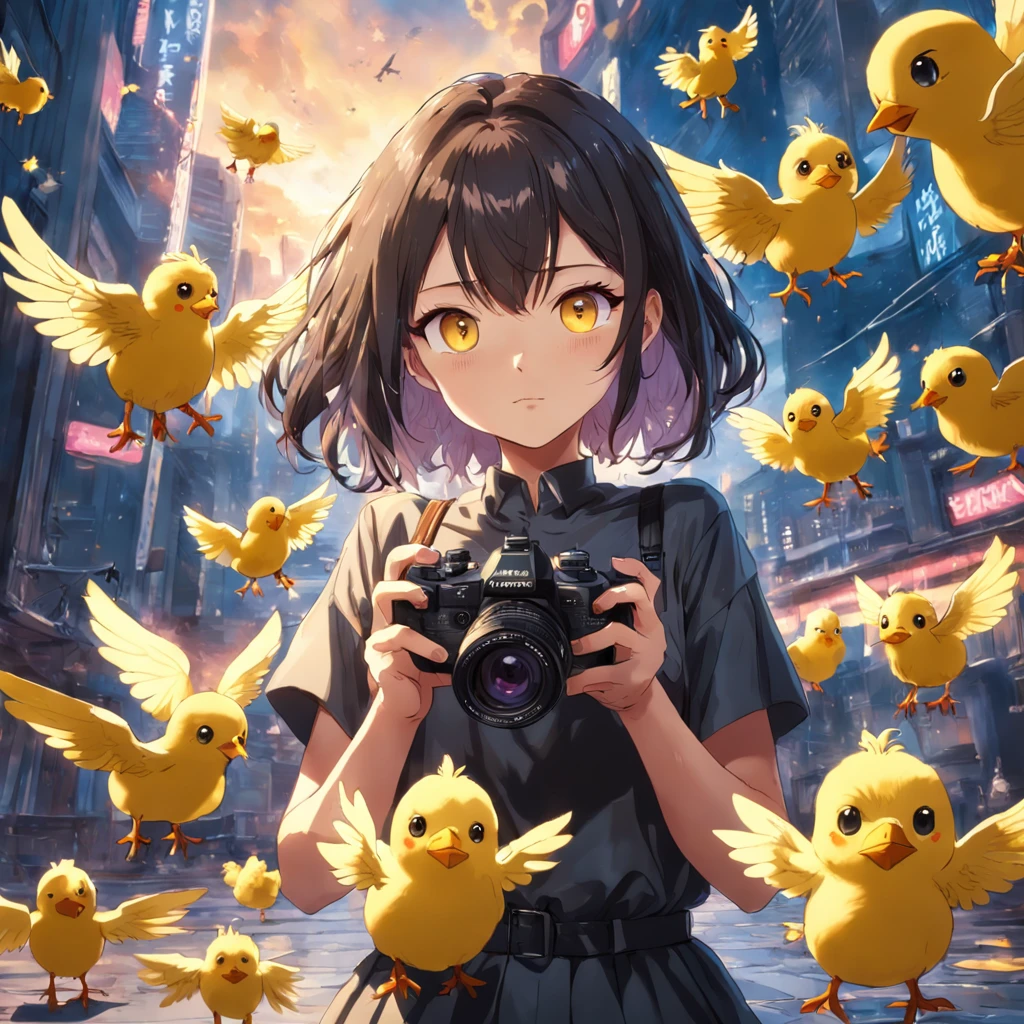Handsome woman holding camera to take pictures with flying yellow chicks and handsome drones behind her