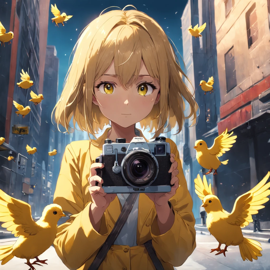 Handsome woman holding camera to take pictures with flying yellow chicks and handsome drones behind her