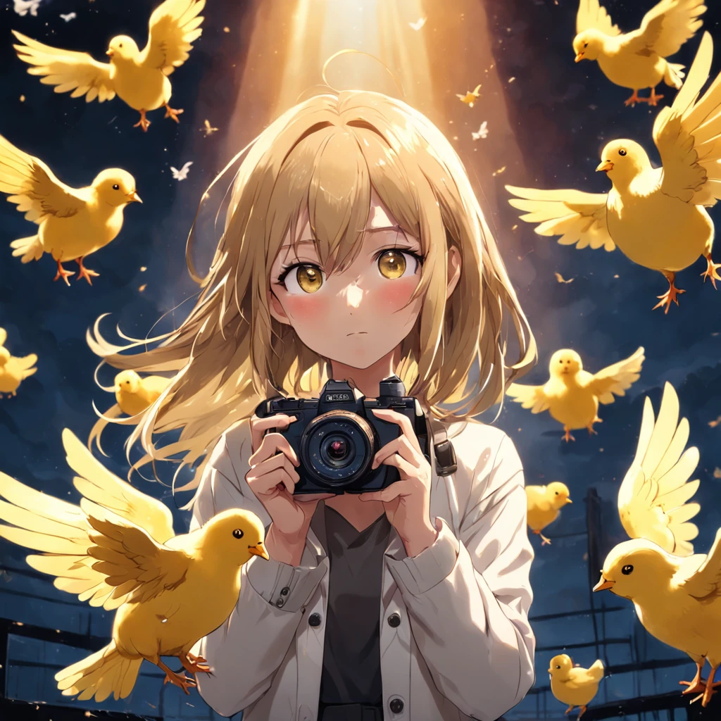 Handsome woman holding camera to take pictures with flying yellow chicks and handsome drones behind her