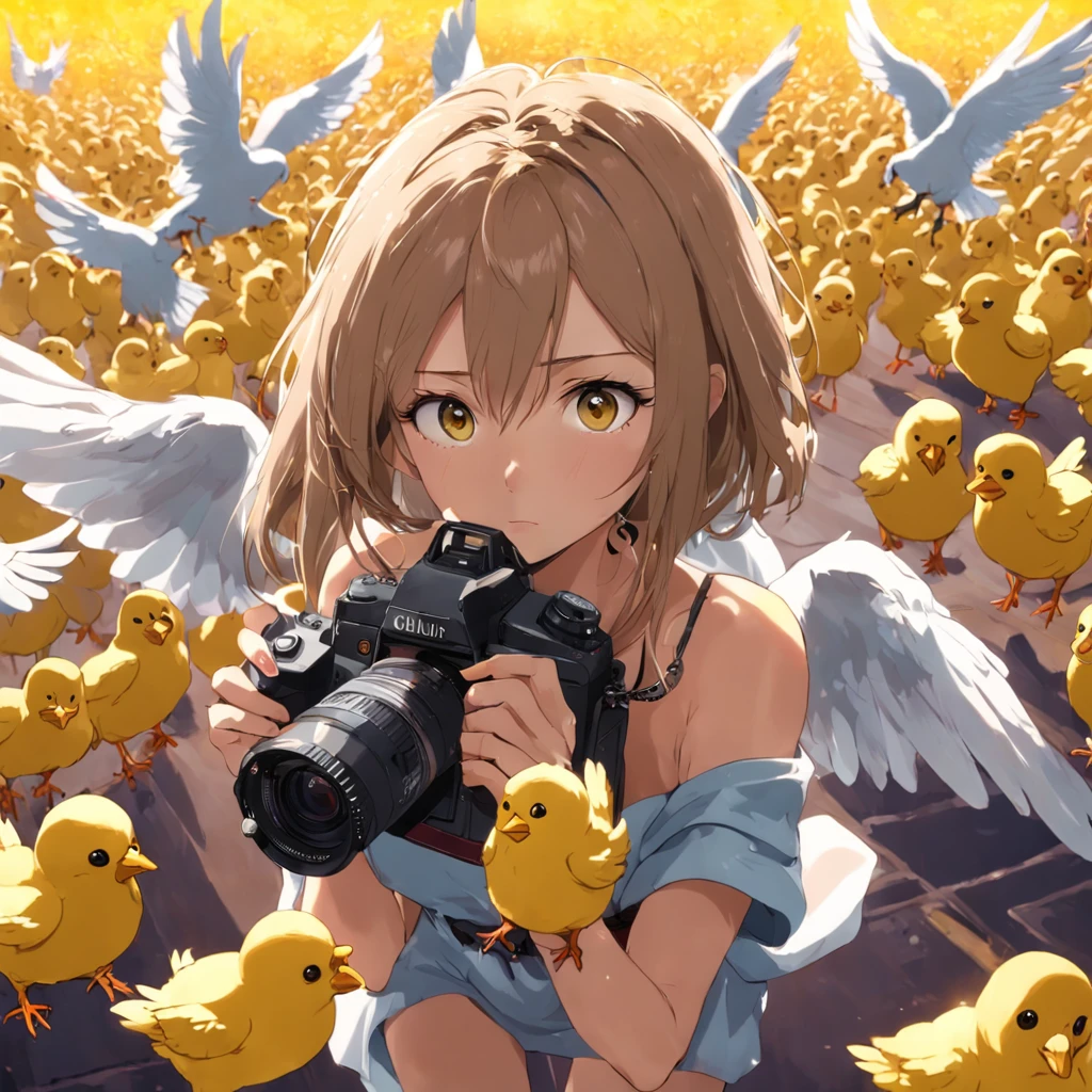 Handsome woman holding camera to take pictures with flying yellow chicks and handsome drones behind her
