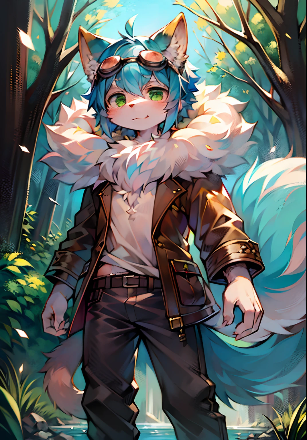(Bright environment:0.8),Masterpiece,High quality,abstract res,Digital painting\(artwork of a\), by Dagasi,cuihongshi, Yupa,Kiyosan,(anthro,Fluffy fur,Character focus:1.1),anthro male cat,Short hair,Portrait , eyes with brightness, in a panoramic view, Character focus.(detailedbackground:0.7), shaggy, shaggy male, malefocus, anthr,(Full Body Furry, Fluffy tail, White fur, Green eyes, blue hairs:1.2), (long canines、Handsome、shorter pants、short- sleeved、White goggles:1.2),(exteriors、At noon、ln the forest、Riverside:1.1)