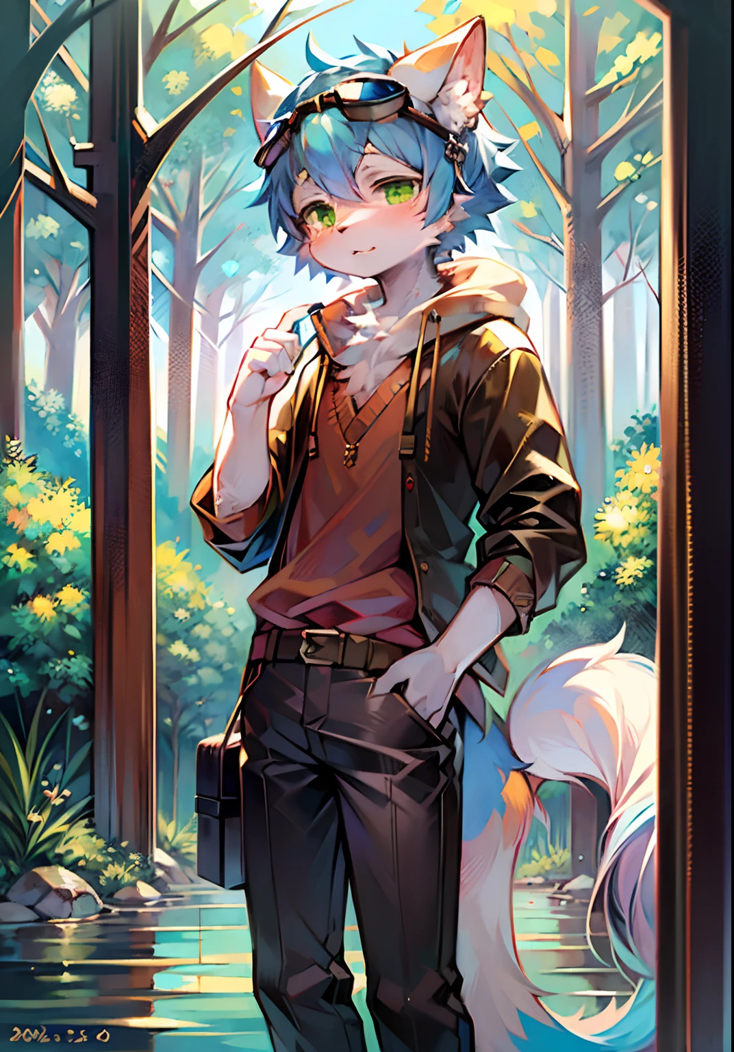 (Bright environment:0.8),Masterpiece,High quality,abstract res,Digital painting\(artwork of a\), by Dagasi,cuihongshi, Yupa,Kiyosan,(anthro,Fluffy fur,Character focus:1.1),anthro male cat,Short hair,Portrait , eyes with brightness, in a panoramic view, Character focus.(detailedbackground:0.7), shaggy, shaggy male, malefocus, anthr,(Full Body Furry, Fluffy tail, White fur, Green eyes, blue hairs:1.2), (long canines、Handsome、shorter pants、short- sleeved、White goggles：1.2），（exteriors、At noon、ln the forest、Riverside：1.1）