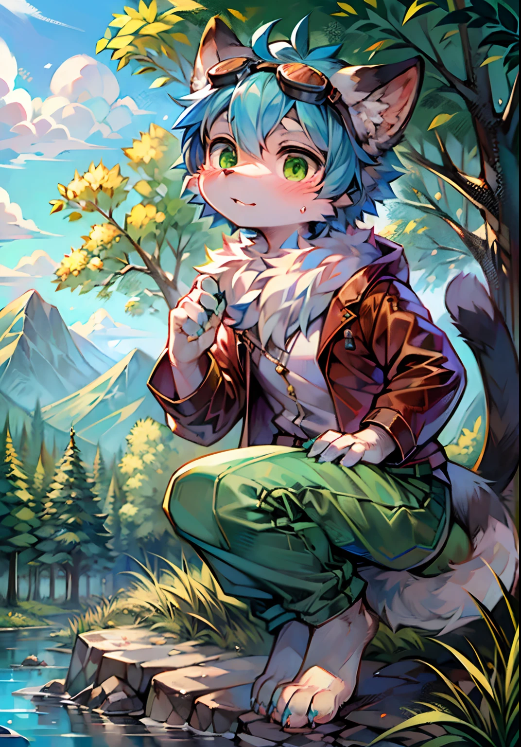(Bright Environment: 0.8), Masterpiece, High Quality, Abstract Res, Digital Painting\(Artwork\), by Dagasi, Yupa, Kiyosan, (Anthro, Fluffy Fur, Character Focus: 1.1), Anthro Male Cat, Short Hair, Portrait , bright eyes, panorama, character focus. (Detailed background: 0.7),, Furry, Furry male, Male focus, Anthr, (full body fur, fluffy tail, dark green fur, light green eyes, dark green hair: 1.3), (long canine, short sleeves, shorts, necklace: 1.3), (grassland, mountain, forest, genshin: 1.1)