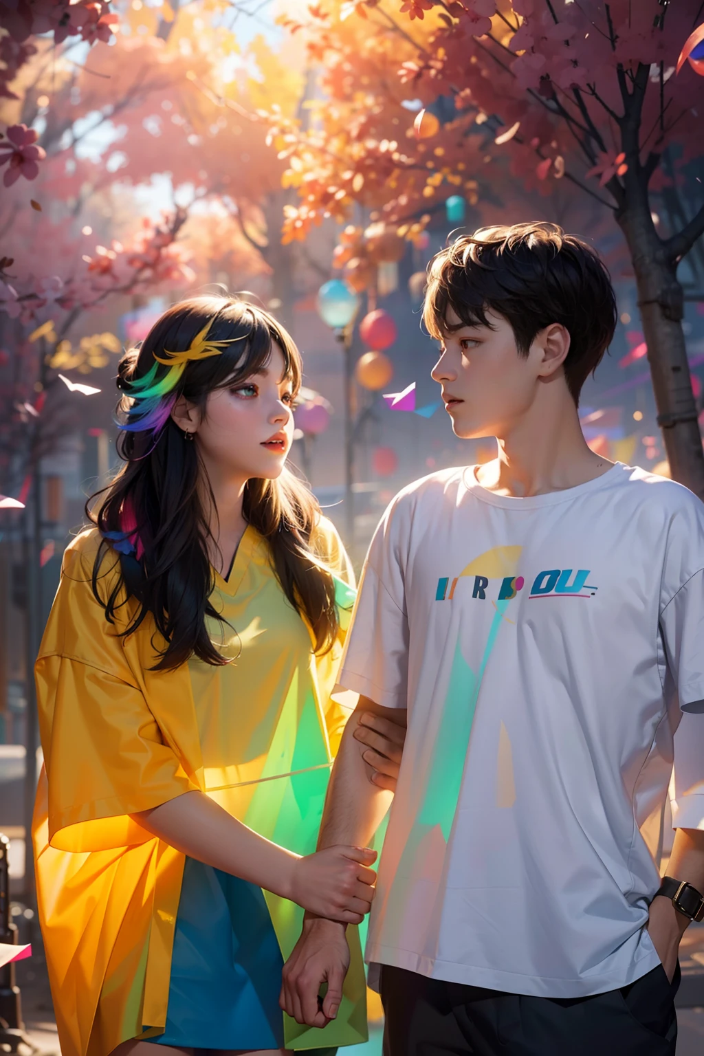 1boys,1girl,Light tracing,Floating colorful winds mix in the picture,Rich in color,Rea art,Unity 8k壁纸,Ultra-detailed masterpiece,best qualityer,Glowing skin,cinmatic lighting。