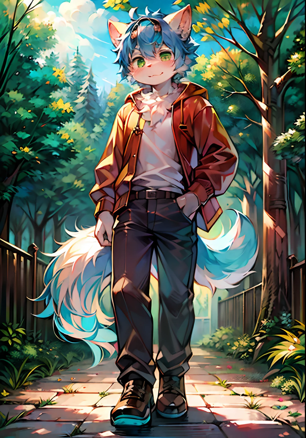 (Bright environment:0.8),Masterpiece,High quality,abstract res,Digital painting\(artwork of a\), by Dagasi,cuihongshi, Yupa,Kiyosan,(anthro,Fluffy fur,Character focus:1.1),anthro male cat,Short hair,Portrait , eyes with brightness, in a panoramic view, Character focus.(detailedbackground:0.7), shaggy, shaggy male, malefocus, anthr,(Full Body Furry, Fluffy tail, White fur, Green eyes, blue hairs:1.2), (long canines、Handsome、shorter pants、short- sleeved、White goggles:1.2),(exteriors、At noon、ln the forest、Riverside:1.1)