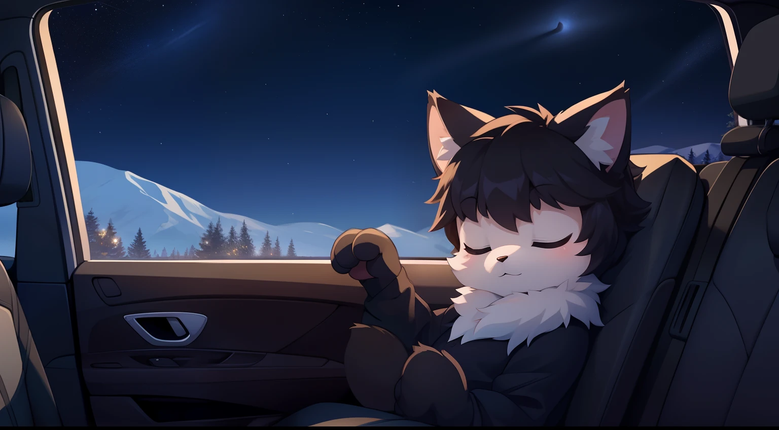 Furry mascot，Lovely image，A black cat，No clothes， Cute little animals fluffy，Furry Fur，Cute little animals，Fluffy tail，In the back seat，Sitting alone in the car，Reclining in a chair，View from the car window，High speed on，full of lights，Cubs，is in night，nigh sky, stars，Close-up of cute characters，Put your hands behind your head，eye closeds，fall asleep