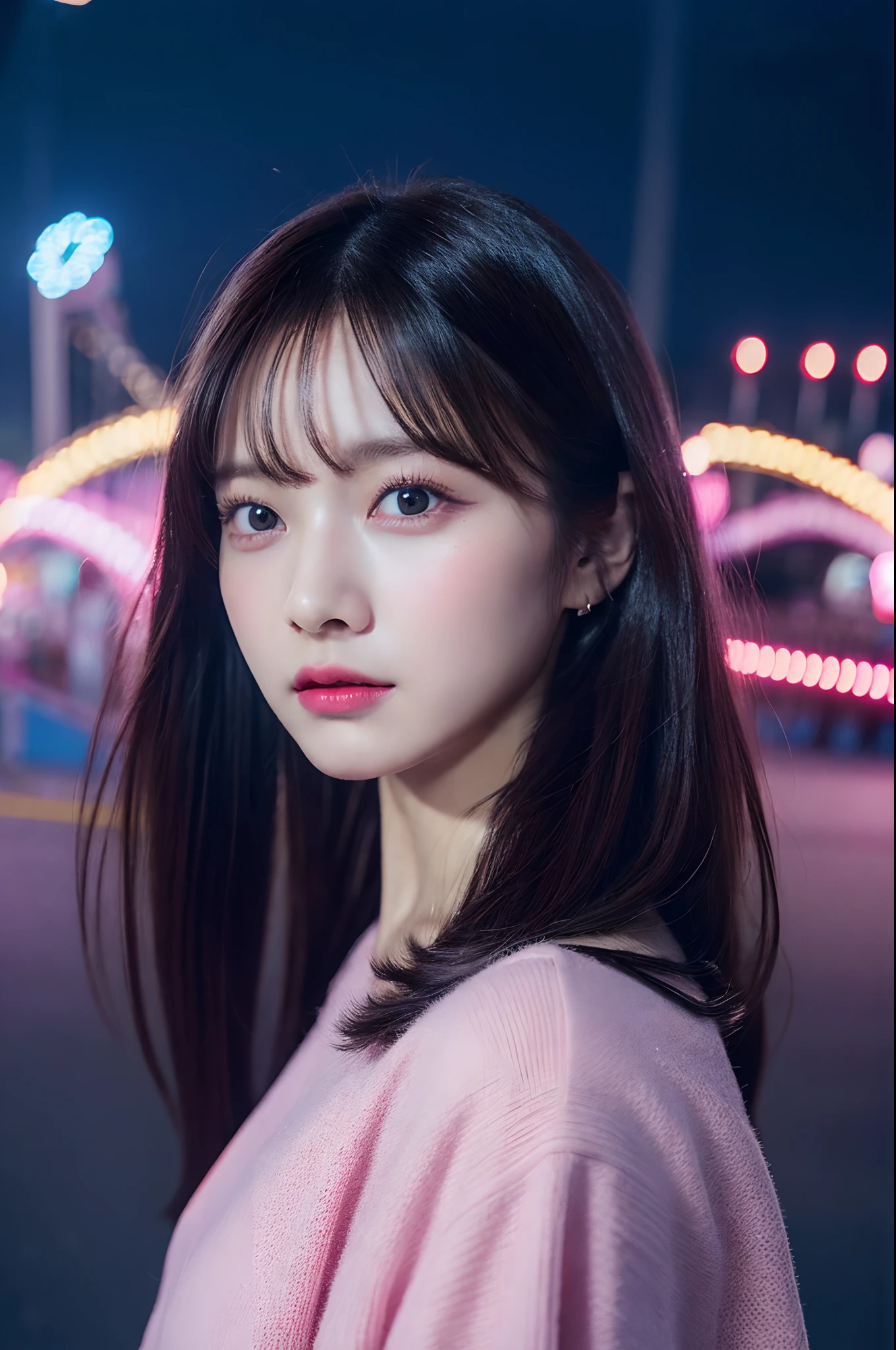 1girl in, Super beautiful girl, Dream Girl, Wearing pink, ulzzangs, Dancing, Concert in amusement park in the background, Lightning in the sky, Ultra Details, A hyper-realistic, Cinematic , Octane Render, 16 K,A dark-haired