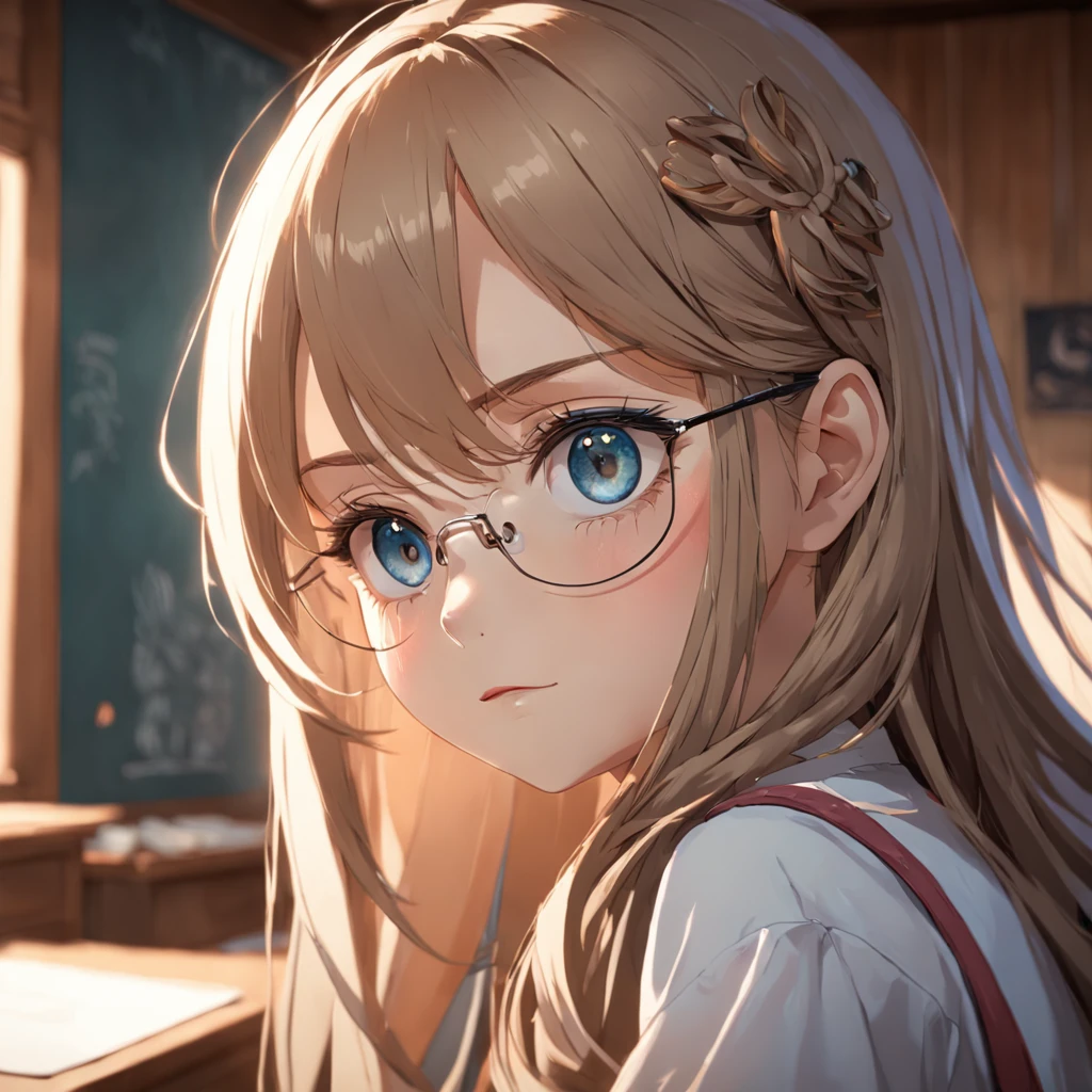 A girl, with long hair and glasses, is in the classroom, looking out the window, one day, Intricate detail, best quality, (Very detailed CG unified 8k wallpaper, Masterpiece, best quality, super Detailed, Best shadows), (Detailed background :1.4), (Beautiful detailed face, beautiful detailed eyes), high contrast, (Best lighting, Best Shadows) Very delicate and beautiful), (girl: 1.5), cowboy, masterpiece, (((best quality))) (((perfect quality))), (((eyes) of high details)), (((height) for details)), (((((perfect eyes))))), ((((((beautiful eyes)))))))), Two eyes like, smooth, (((((perfect face))))), ((((extremely detailed 8K)))), high resolution, super quality, glare, rainbow colors, global lighting, true hair movement, realistic light, realistic shadows, perfect quality, detailed shadows and light