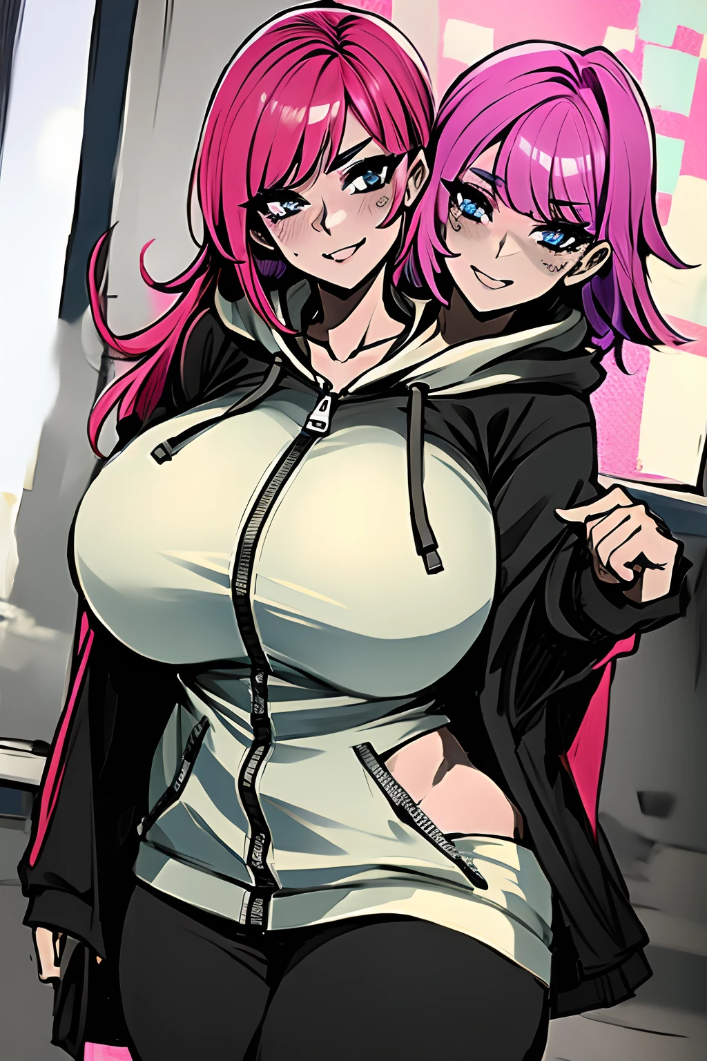 2heads, a short fat woman with 2 heads. She has enormous breasts. She looks aroused and seductive. She is wearing an unzipped colorful hoodie with nothing underneath. She is wearing leggings. She is extremely short and extremely fat. Her breasts are gigantic and fat. Her breasts protrude through her unzipped hoodie. Her hoodie is fully unzipped. Her giant breasts can be seen in her open hoodie. She is in a home office with a window. She is blushing. She has big fat massive breasts. She looks very short and mature. She has very big and full lips. She has giant fat boobs. She is seducing. She is smiling. She looks mature. She is wearing lipstick. She has long hair.