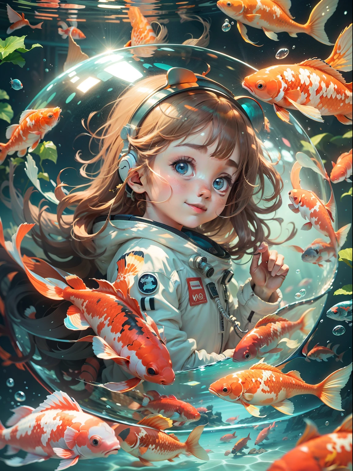 ocean floor,Diving little girl interacting with oversized koi,(Oversized red koi,Beautiful koi,Flocks of koi),White spacesuit,Transparent space helmet,(cute female child,blue color eyes,A delightful、A slight smil),Exquisite digital illustration,8K detailed digital art
