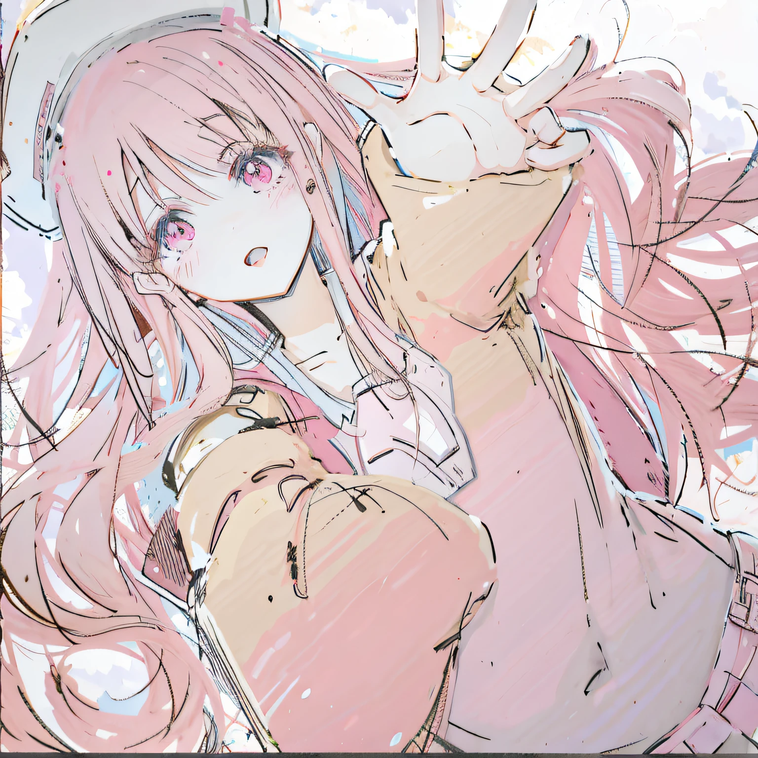 Anime girl poses with long pink hair and pink eyes, Soft anime illustration, anime illustration,snowfield,Light