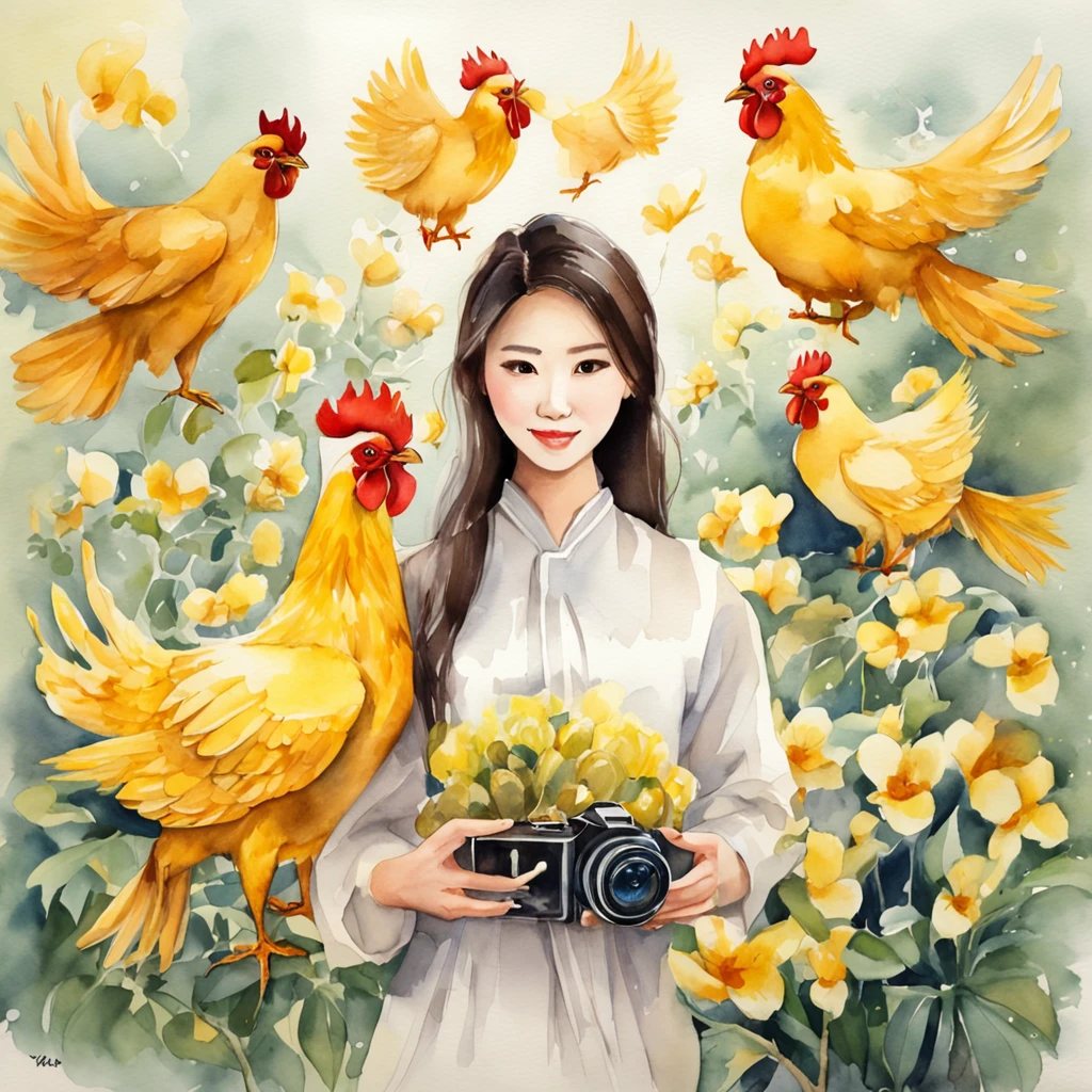 Heroic Chinese woman holding camera to take pictures Behind her are flying yellow chickens and handsome drones