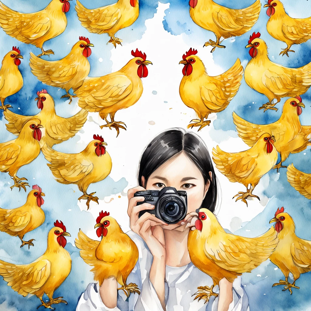Heroic Chinese woman holding camera to take pictures Behind her are flying yellow chickens and handsome drones