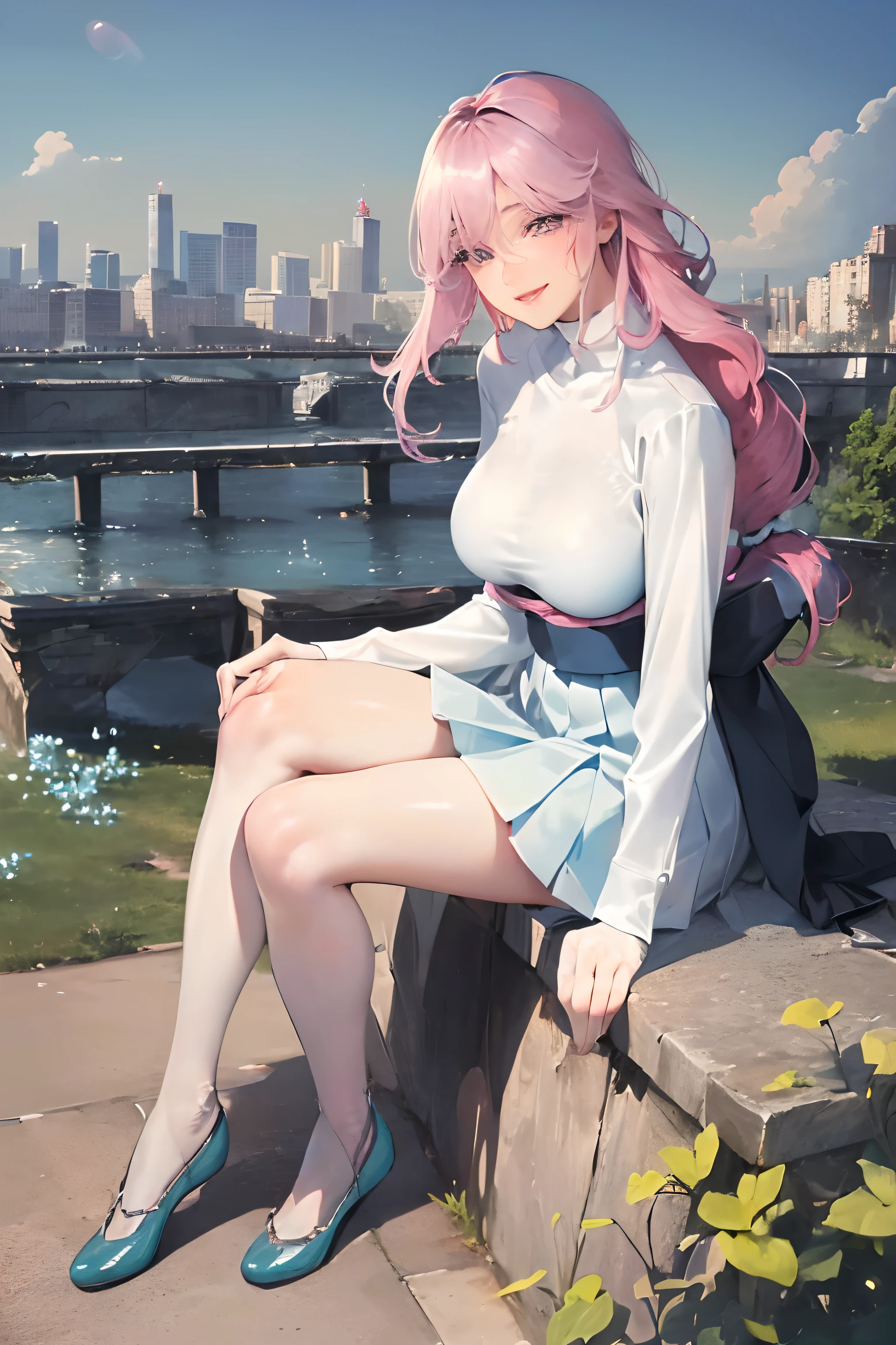 official art, masterpiece, sharp focus, (beautiful gorgeous cute Korean woman:1.3), (beautiful cute korean:1.3), korean beauty, Delicate and beautiful hair and eyes and face, realistic, ultra detailed, beautiful girl, blue sky, glow white particle, (sidelighting:1.2), sun light, white cloud, detailed clouds, slender, Lovely very large breasts and very large hips, smile with teeth, ((smile with eyes, open both eyes)), scenery, long straight hair, sexy facial expression, building, (cityscape:1.7), dynamic hair, long straight hair, detailed platinum pink hair, glow blue eyes, (blue pleated shirts + white skirt), white long socks, pale skin, hair ornament, epic scenery,