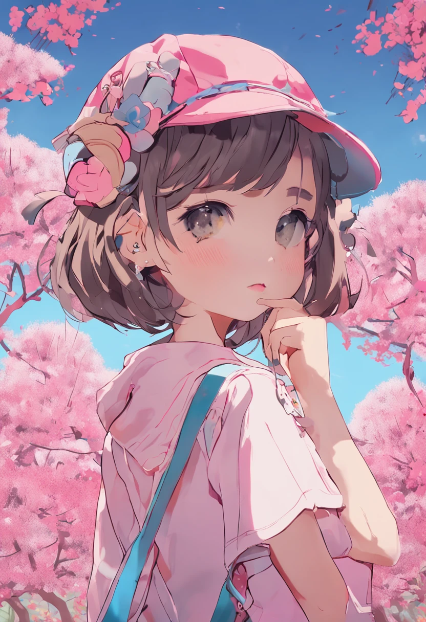 masterpiece、top-quality、Movie stills、1girl、animesque、pink there Shorthair、singers、illustratio、Neat and clean clothes、microphone、headphones、kawaii、large grassland、cherry trees