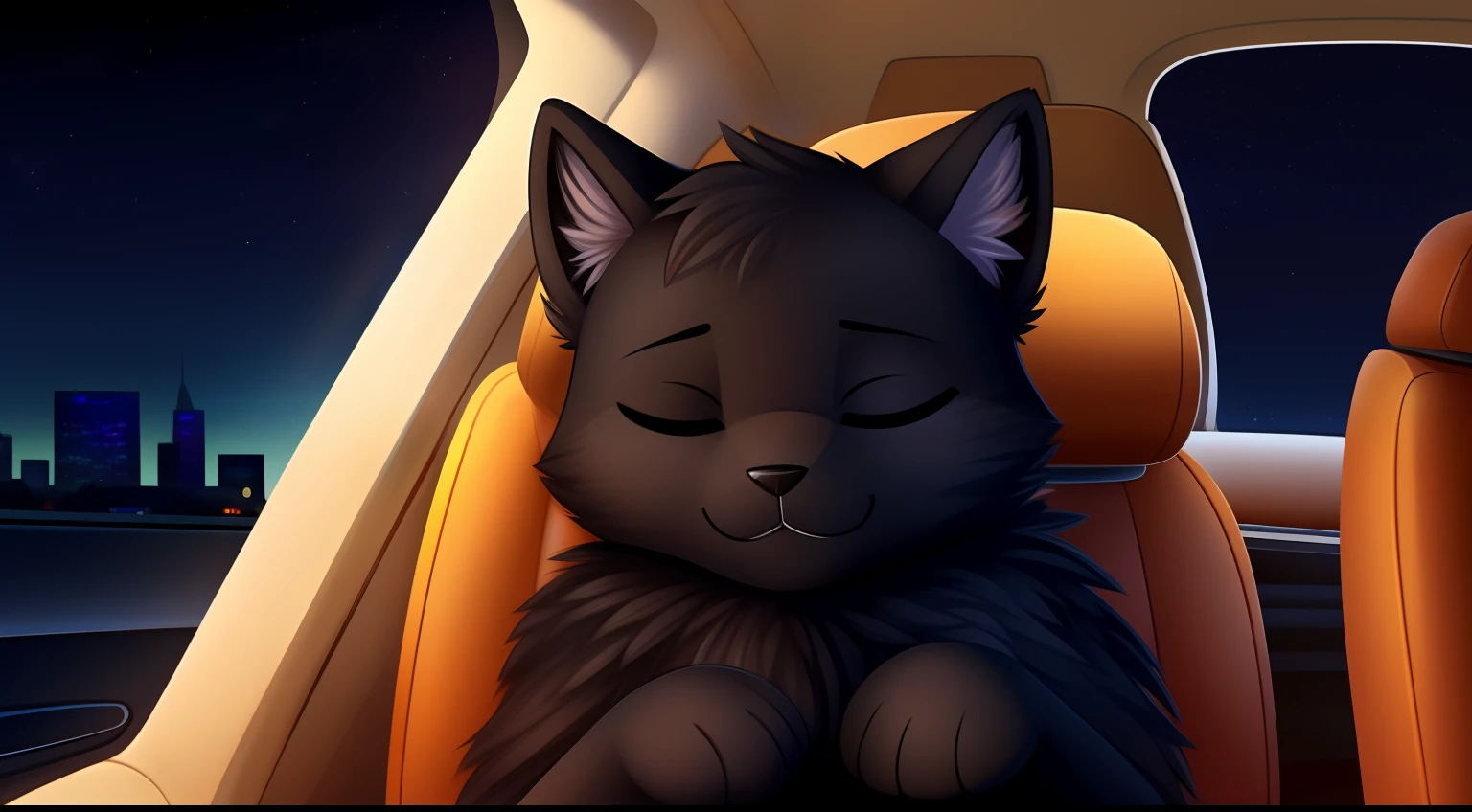 Furry mascot，Lovely image，A black cat，No clothes， Cute little animals fluffy，Black furry fur furry fur，Cute little animals，Fluffy tail，In the back seat，Sitting alone in the car，Reclining in a chair，View from the car window，High speed on，full of lights，Cubs，is in night，nigh sky, stars，Close-up of cute characters，Put your hands behind your head，eye closeds，fall asleep