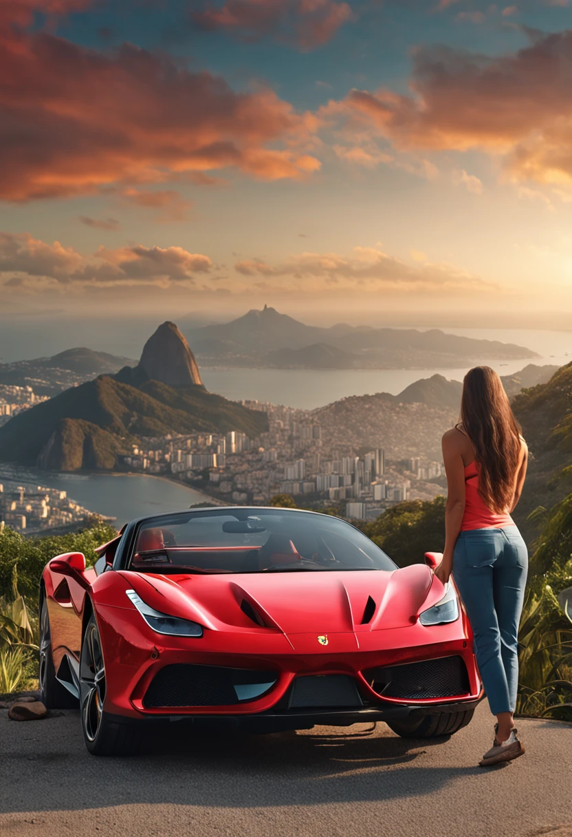 (Best quality, 8k, Masterpiece :1.2), hyper realistic, city of Rio de Janeiro Brazil, at a mountain, an detailed red Ferrari 488, Redeemer Christ in the background, a beautiful brown hair girl in sport clothes looking at landscape, sunny day, summer