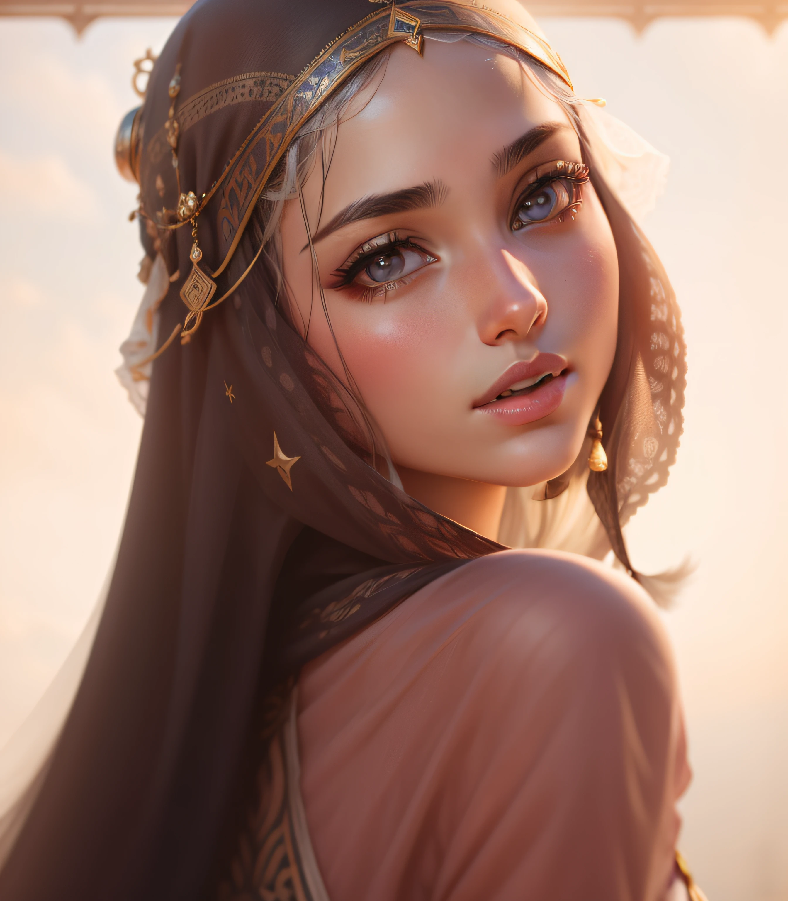 Model is wearing Nikab Arabic vel that partially covers hair