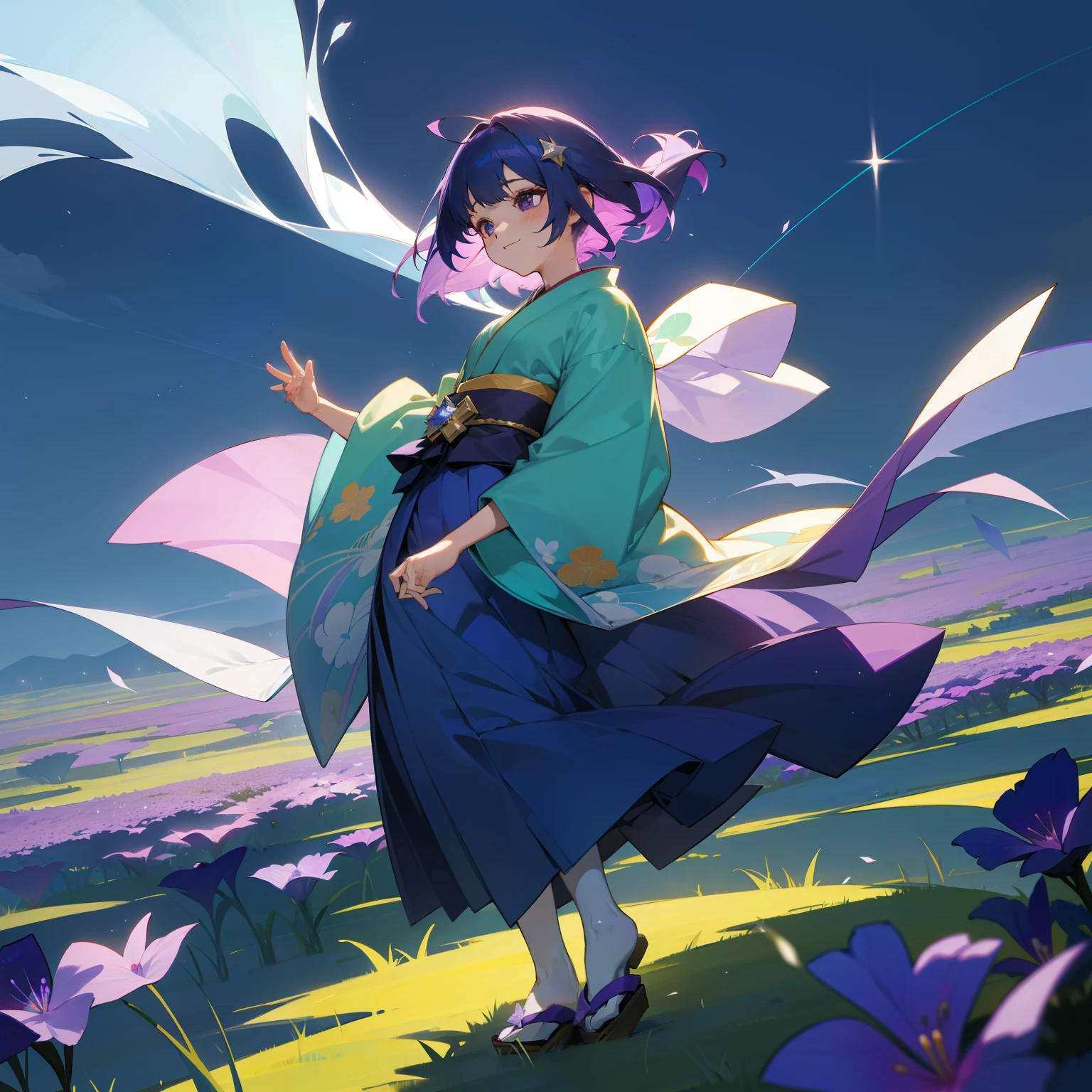 The breeze is blowing、In the beautiful scenery of green earth and blue sky、One girl stood。Her hair is in a gradient of purple and blue、It sparkled like a star shining in the night sky.。Her kimono is colorful and、Each color looked harmonious and beautiful.。
At the foot、Pale purple violets bloom profusely、Smiling as if to congratulate her。The wind gently flutters her hair and kimono、The figure was as fantastic as if in a dream.。This location is、Time stops、It was like a special world where only happy feelings spread.。