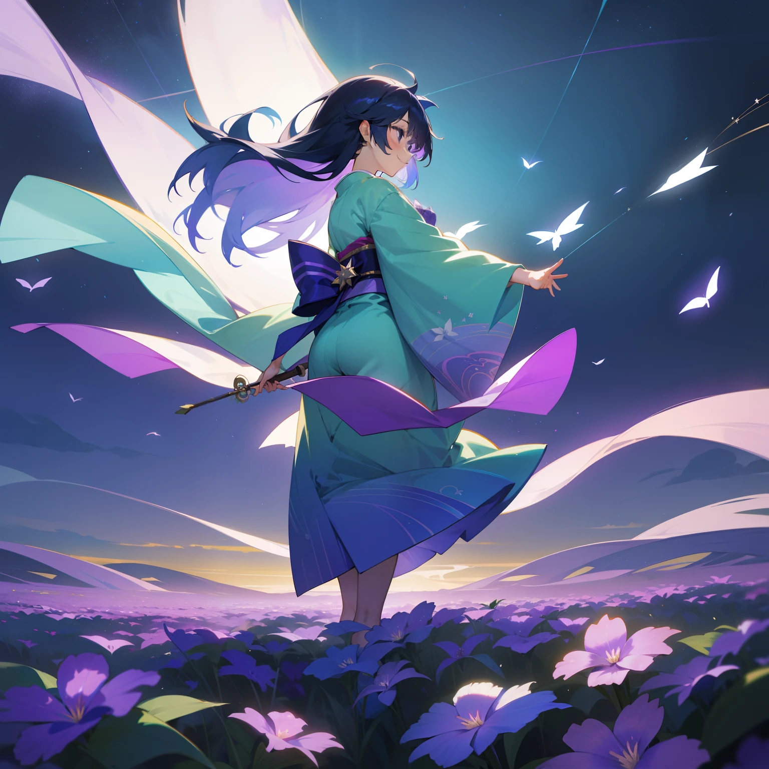 The breeze is blowing、In the beautiful scenery of green earth and blue sky、One girl stood。Her hair is in a gradient of purple and blue、It sparkled like a star shining in the night sky.。Her kimono is colorful and、Each color looked harmonious and beautiful.。
At the foot、Pale purple violets bloom profusely、Smiling as if to congratulate her。The wind gently flutters her hair and kimono、The figure was as fantastic as if in a dream.。This location is、Time stops、It was like a special world where only happy feelings spread.。