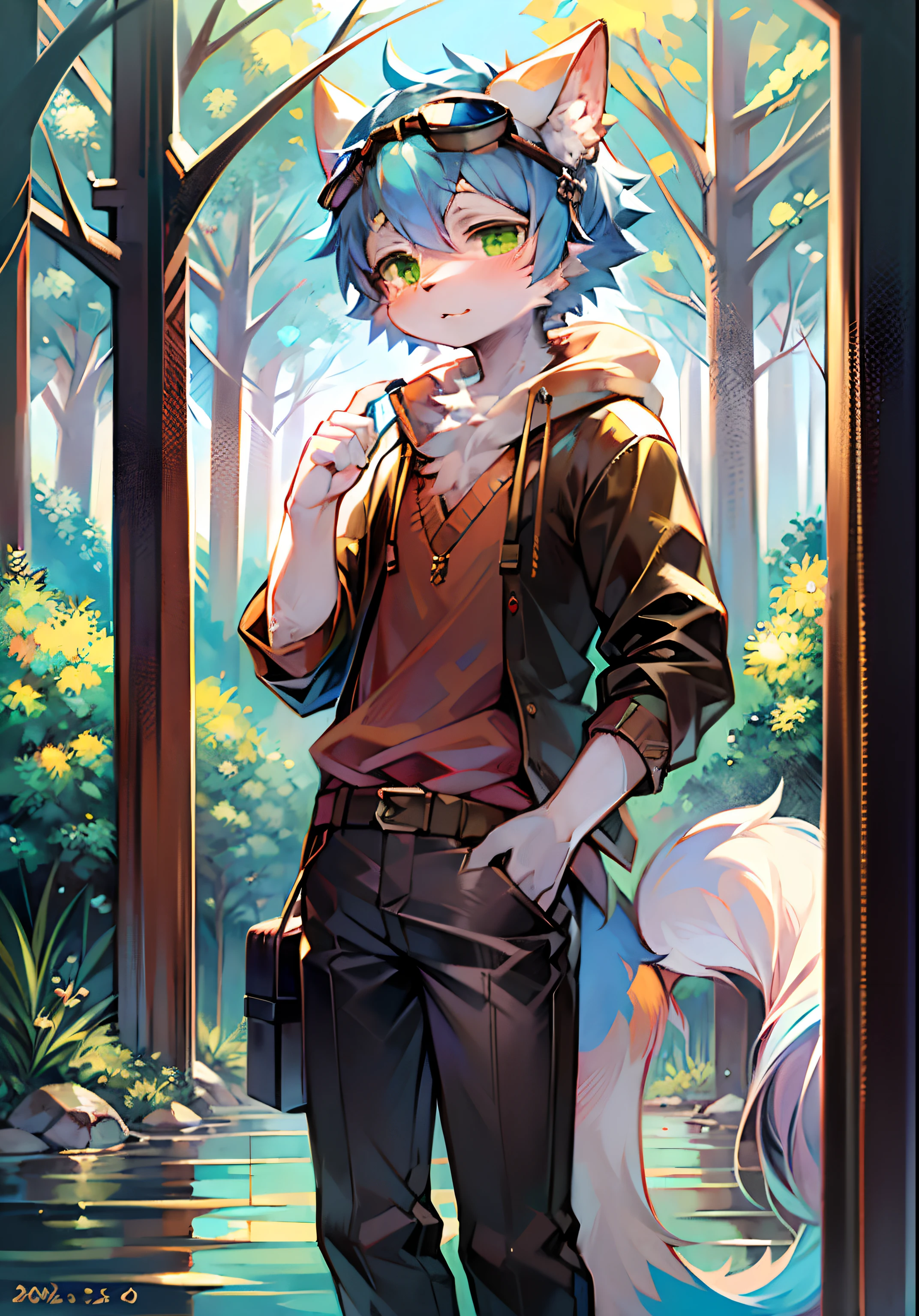 (Bright environment:0.8),Masterpiece,High quality,abstract res,Digital painting\(artwork of a\), by Dagasi,cuihongshi, Yupa,Kiyosan,(anthro,Fluffy fur,Character focus:1.1),anthro male cat,Short hair,Portrait , eyes with brightness, in a panoramic view, Character focus.(detailedbackground:0.7), shaggy, shaggy male, malefocus, anthr,(Full Body Furry, Fluffy tail, White fur, Green eyes, blue hairs:1.2), (long canines、Handsome、shorter pants、short- sleeved、White goggles:1.2),(exteriors、At noon、ln the forest、Riverside:1.1)