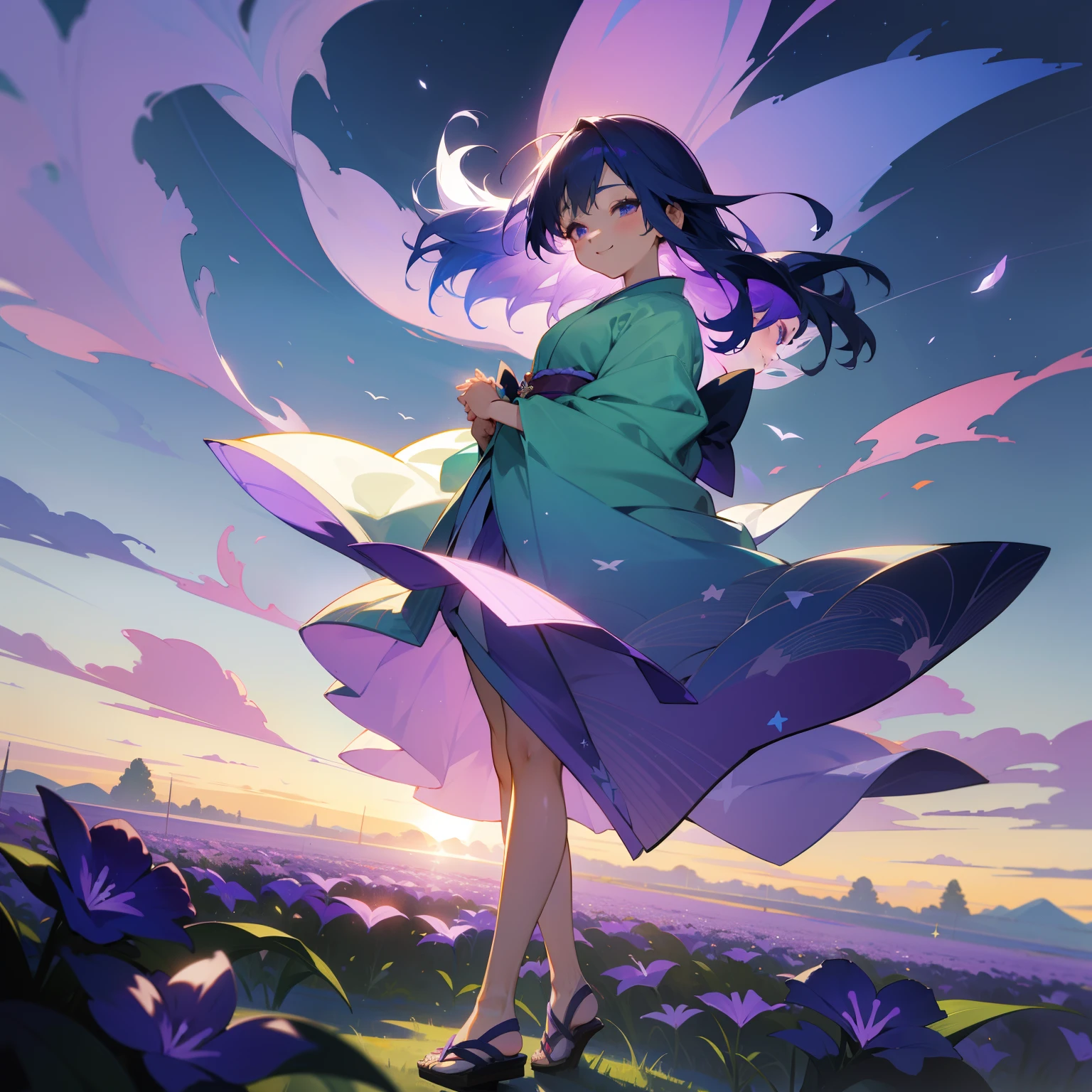 The breeze is blowing、In the beautiful scenery of green earth and blue sky、One girl stood。Her hair is in a gradient of purple and blue、It sparkled like a star shining in the night sky.。Her kimono is colorful and、Each color looked harmonious and beautiful.。
At the foot、Pale purple violets bloom profusely、Smiling as if to congratulate her。The wind gently flutters her hair and kimono、The figure was as fantastic as if in a dream.。This location is、Time stops、It was like a special world where only happy feelings spread.。