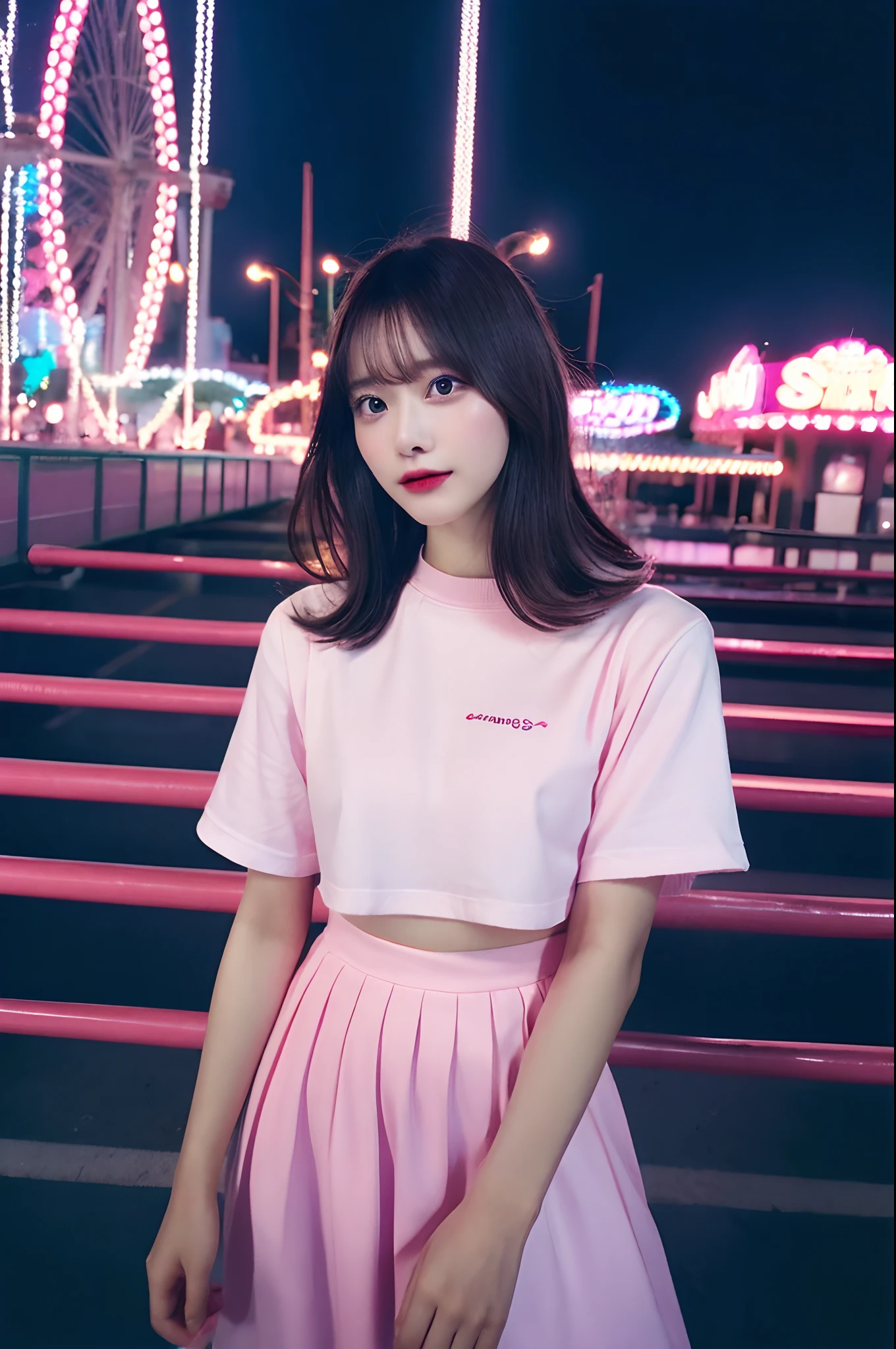 1girl in, Super beautiful girl, Dream Girl, Wearing pink, ulzzangs, Dancing, Concert in amusement park in the background, Lightning in the sky, Ultra Details, A hyper-realistic, Cinematic , Octane Render, 16 K,a blond