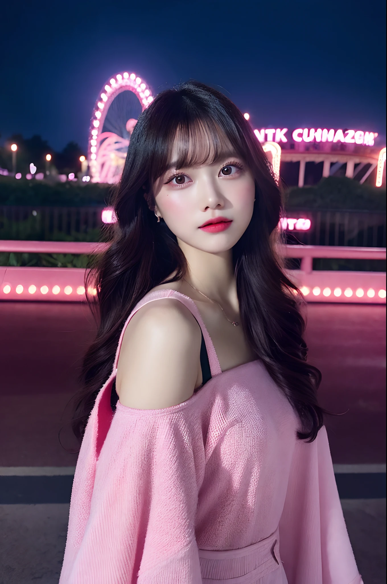 1girl in, Super beautiful girl, Dream Girl, Wearing pink, ulzzangs, Dancing, Concert in amusement park in the background, Lightning in the sky, Ultra Details, A hyper-realistic, Cinematic , Octane Render, 16 K,A dark-haired