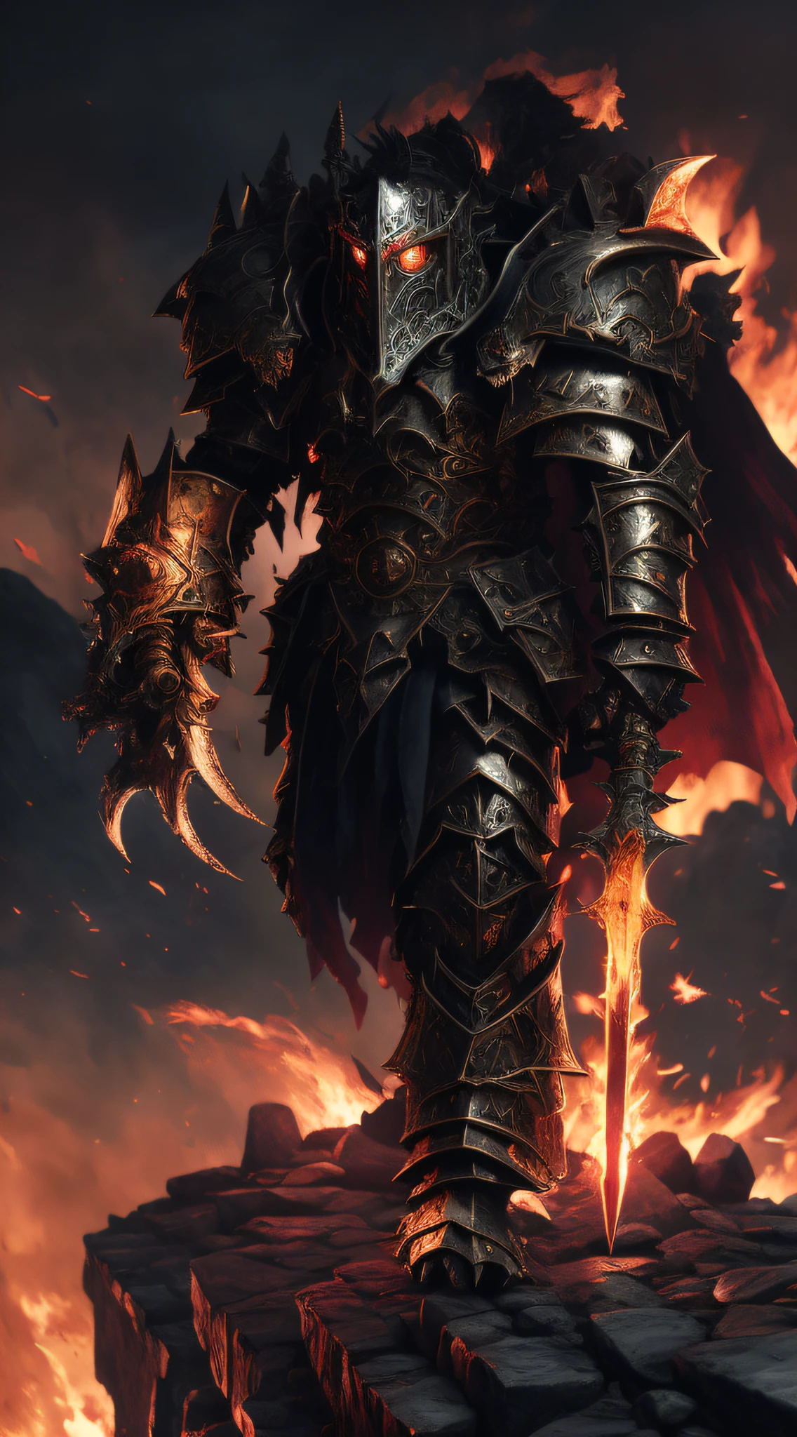 a close up of a man in armor standing on a rock, lord of cinder, chaos marine, khorne, ares with heavy armor and sword, deathwing, warhammer art, warhammer 4 0 k artwork, grimdark paladin, 4 k detail fantasy, black fire color reflected armor, warhammer fantasy art, blood knight, chaos space marine, wh 4 0 k art