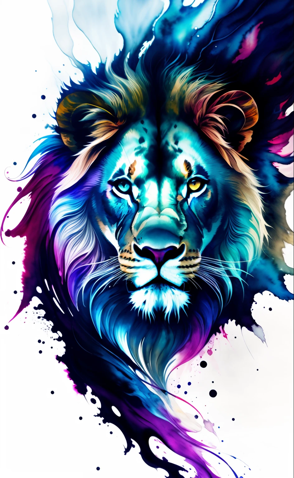 Colorful beautiful lion: Black ink flow: 8k resolution photorealistic masterpiece: by Aaron Horkey and Jeremy Mann: intricately detailed fluid gouache painting: by Jean Baptiste Mongue: calligraphy: acrylic: watercolor art, professional photography, natural lighting, volumetric lighting maximalist photoillustration: by marton bobzert: 8k resolution concept art intricately detailed, complex, elegant, expansive, fantastical