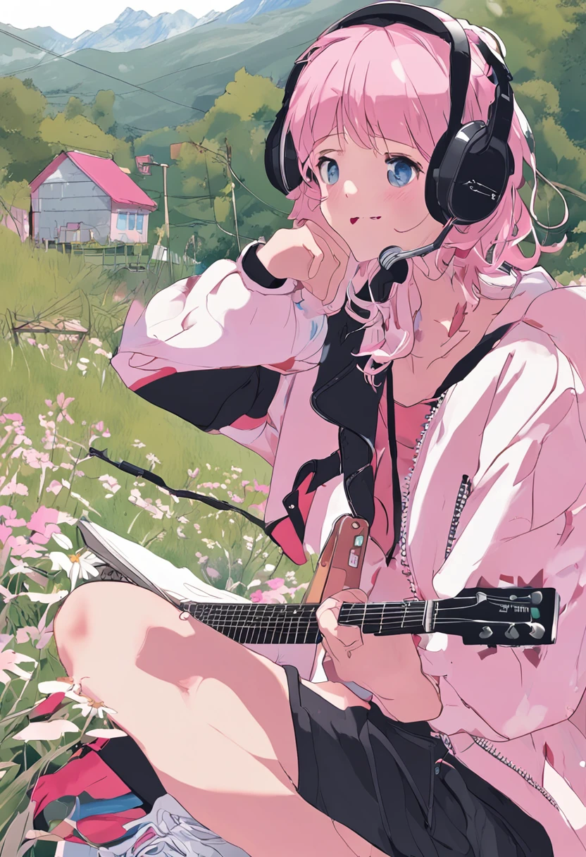 masterpiece、top-quality、Movie stills、1girl、animesque、pink there Shorthair、singers、illustratio、Black hoodie、microphone、headphones、kawaii、large grassland、blue-sky