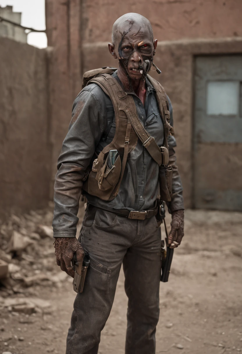 Create an image of a character named Law with the following details:

- Appearance: Law is a remarkable figure in a post-apocalyptic world overrun by zombies. He exudes strength and determination.
- Gender: Male
- Skin Tone: Dark complexion
- Prosthetic Arm: His left arm is a prosthetic made of metal, showcasing his resilience and adaptation to challenges.
- Build: Law possesses a strong and robust physique, a testament to his constant battles against zombies and the chaotic remnants of society.
- Attire: He wears practical and worn-out clothing, a blend of durability and agility. His clothing is equipped with strategically placed pockets for survival gear.
- Footwear: Law's sturdy boots mirror his unyielding determination, suitable for traversing hazardous terrain.
- Demeanor: His expression reflects a combination of shrewdness and seriousness, influenced by the harsh realities of his world.
- Skills: Law excels in stealth and survival. He utilizes his prosthetic arm for various tasks, whether disarming traps or defending against threats.

Create an image that captures Law's essence as a resilient and skilled survivor in a post-apocalyptic setting. Emphasize his dark complexion, strong physique, and the prosthetic arm that showcases his adaptability. Showcase him in a scene that portrays his resourcefulness, whether navigating through dangers or employing stealthy maneuvers.

Feel free to incorporate elements of the post-apocalyptic landscape, such as debris or ruins, to set the scene. The image should encapsulate Law's identity as a survivor who thrives in the face of adversity.