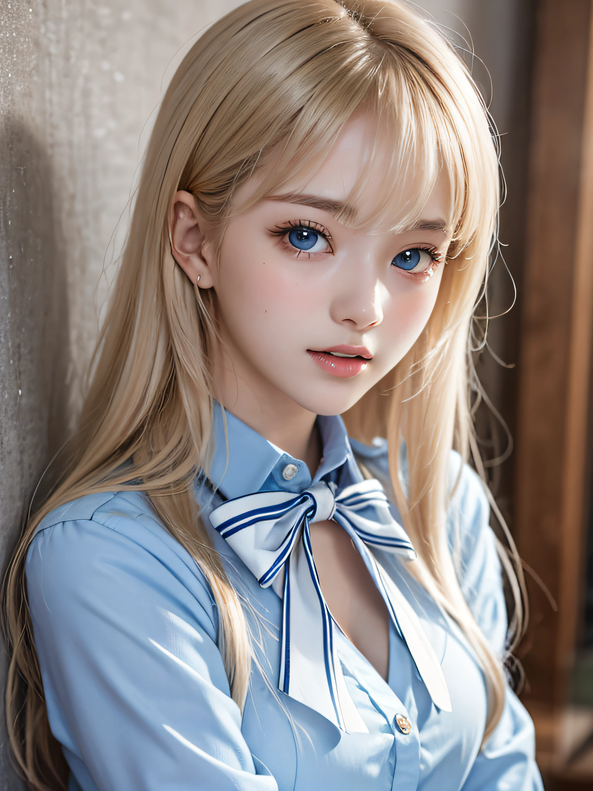 portlate、School Uniforms、bright expression、Young shiny shiny white shiny skin、Best Looks、ultimate beauty girl、The most beautiful platinum blonde hair in the world、shiny light hair,、Super long silky straight hair、Beautiful bangs that shine、Glowing crystal clear attractive blue eyes、Very beautiful nice cute 16 year old girl、Lush bust