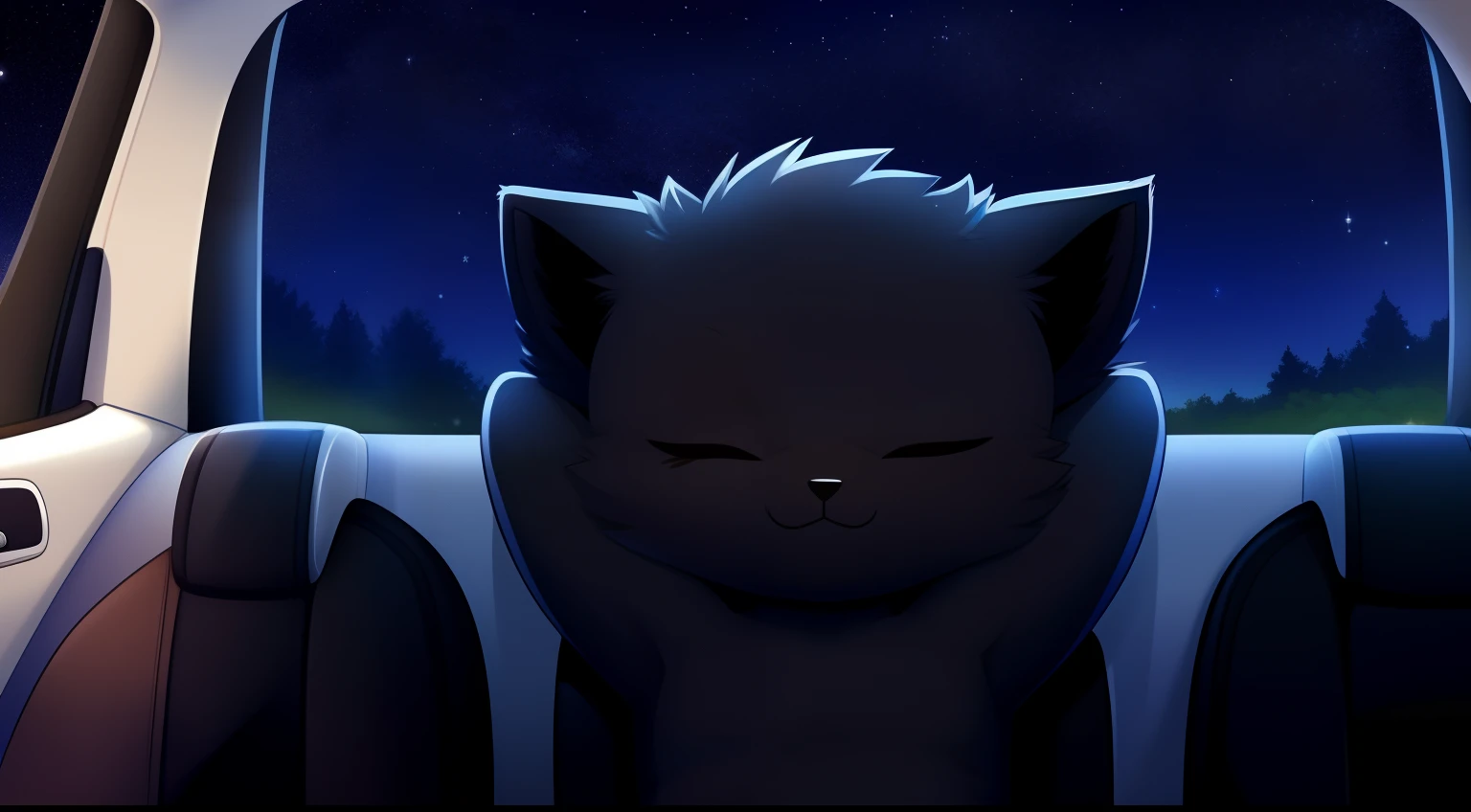 Furry mascot,Lovely image,A black cat,No clothes, Cute little animals fluffy,Black furry fur furry fur,Cute little animals,Fluffy tail,In the back seat,Sitting alone in the car,Reclining in a chair,View from the car window,On high speed,full of lights,Cubs,is in night,nigh sky, stars,Close-up of cute characters,Put your hands behind your head,eye closeds,s asleep