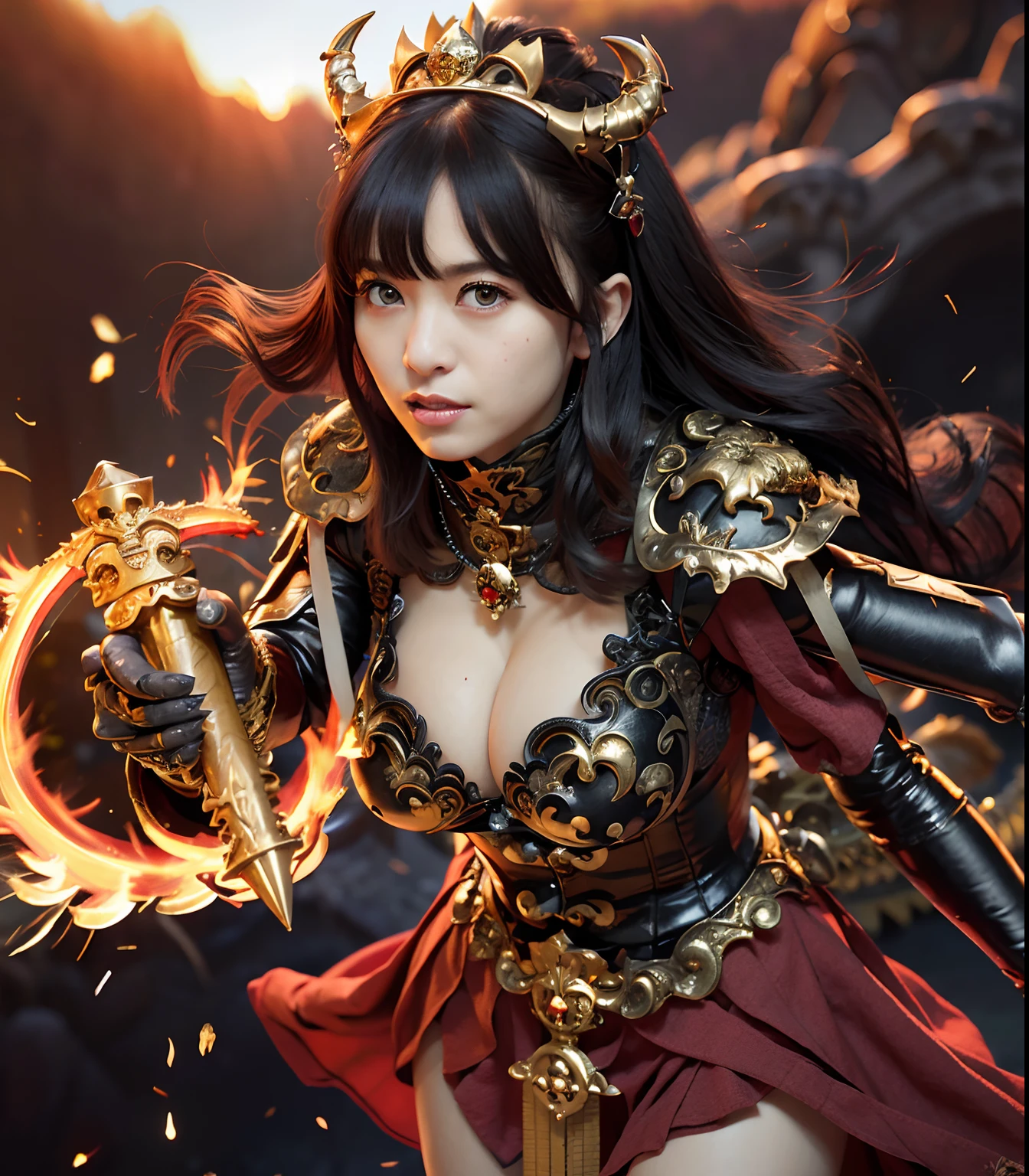 (masutepiece), Professional , ​masterpiece、top-quality、photos realistic , depth of fields （Gemstone Black Metal Body:1.９),(Matte Black、（cleavage of the breast）、Dragon Gold Weapon（Dragon Metal Body:1.４),Gorgeous Silver Weapons ,（（ Dragon's dense and gorgeous sword）） , Beautiful knife   ,warhammer 40k , adepta sororitas,Detail and gorgeous crown、（（Red hair））、（Castle background）、The dragon、（（Gangle's forest background））、Beautiful Caucasian beauty、（１a person）、dynamic ungle,(((Detailed and ornate Black Devil Crown)))、Smaller head、Strange smile、Castle background、Thin and beautiful female hands、cleavage of the breast、Soldier in iron armor on background、Mystical expression、Light Effects、intense fighting、Wind-effect、magic circles、With the legendary magic wand、（demonic wings）、