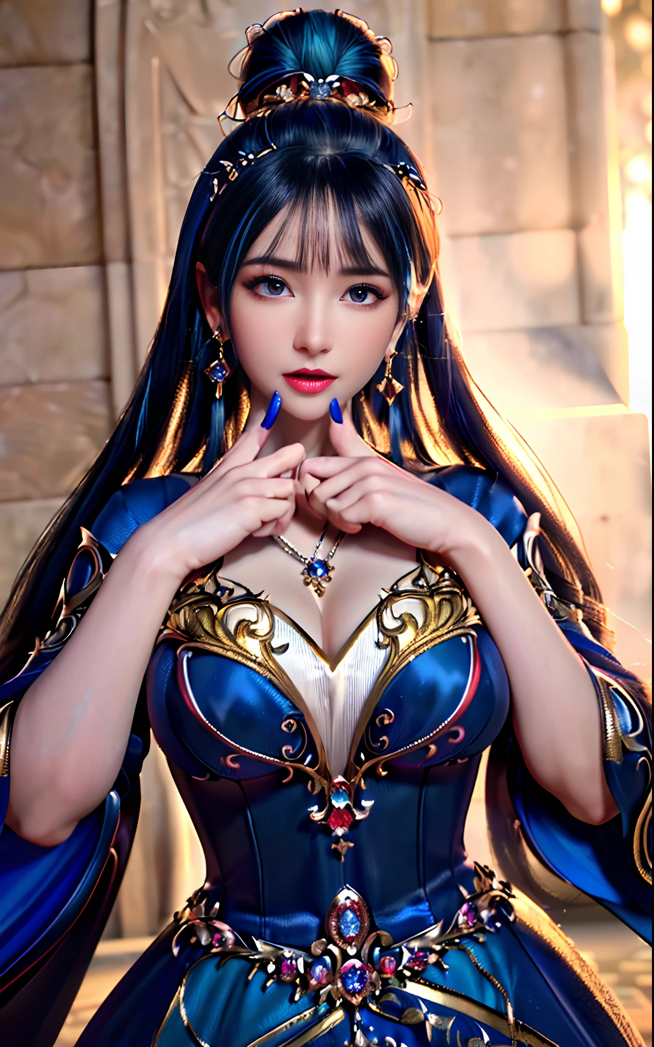 ((realisticity: 1.2)), ((realistic: 8K UHD)), ((best resolution: 8K UHD)), hyper detailed, best quality,masterpiece,highres,cg, ((1 girl hyper detailed and hyper realistic) ) , ((beautiful queen, hyper realistic and hyper detailed)),((white skin, beautiful, smooth, youthful, hyper realistic and hyper detailed )), ((Face hyper beautiful, white, hyper realistic and hyper detailed ) ), long hair, ((hyper realistic and hyper detailed dress)), solo, ((hyper realistic, hyper beautiful, beautiful and hyper detailed jewelry)), ((hyper beautiful deep red and golden yellow dress, hyper realistic and hyper detailed )) , ((Her pretty, hyper realistic, hyper detailed diamond filled earrings)), ((Her gorgeous diamond haircut, hyper realistic and hyper detailed)), ((hyper pretty upper body, hyper beautiful, hyper realistic and hyper detailed) ), ((medium breast: 1.5)), ((hyper realistic, hyper pretty, hyper detailed boobs)), ((the backgroun of the royal palace is hyper majestic, hyper realistic and hyper detailed)),((hands and palms hyper beautiful, hyper detailed, hyper realistic)), ((fingers: pinky finger, index finger, ring finger, middle finger, and thumb hyper realistic, hyper detailed, hyper beautiful)), ((hyper pretty, hyper pretty, hyper realistic and hyper detailed hair bun)), ((hyper pretty , hyper realistic and hyper detailed blue hair)), candid, Photo, high resolution, 8k , bokeh,