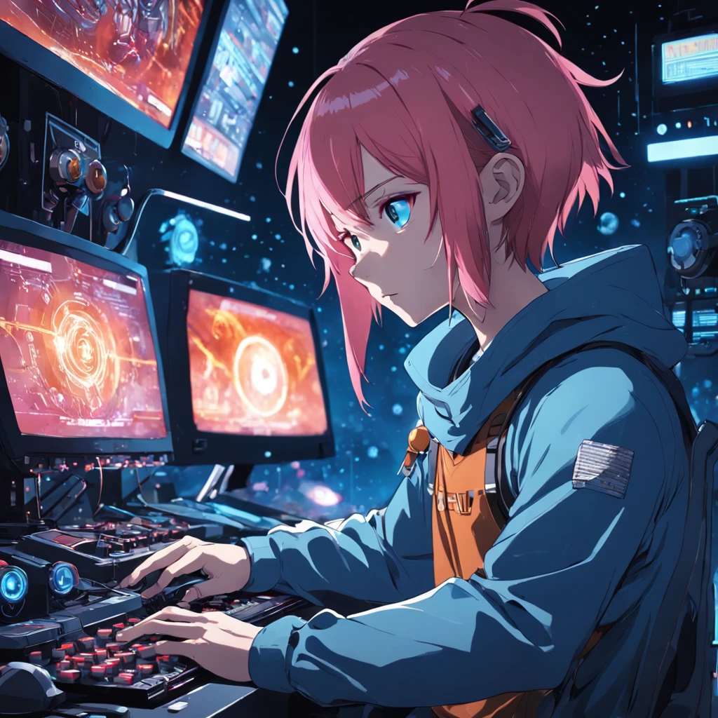 masterpiece, best quality, highly detailed, movie still, 1man, 20yo, playing in the computer, computer futuristic lab, dark clohtes, game art, close-up, bright, at night, ultra detailed