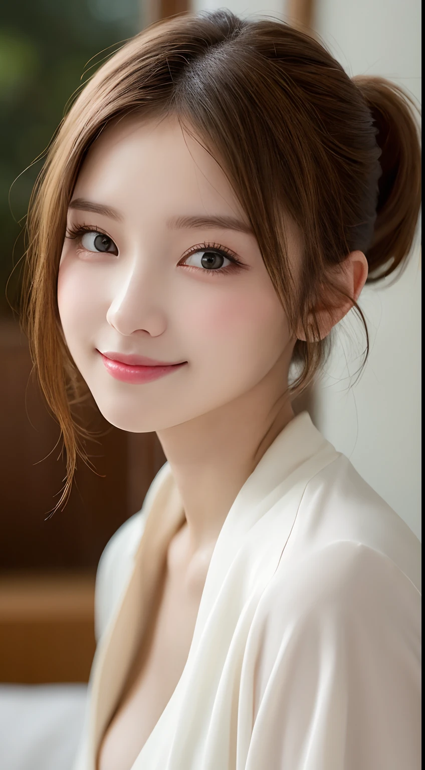 masutepiece, Best Quality, Illustration, Ultra-detailed, finely detail, hight resolution, 8K Wallpaper, Perfect dynamic composition, Beautiful detailed eyes, Women's Fashion Summer,Ponytail hair,Small breasts natural color lip, Bold sexy poses,Smile,20 years girl、Cute、Sexy shot looking at camera,waking up,Quality close to live action,a blond,Eyes to the left,A slightly crisp beauty,I don't wear clothes,the whole,